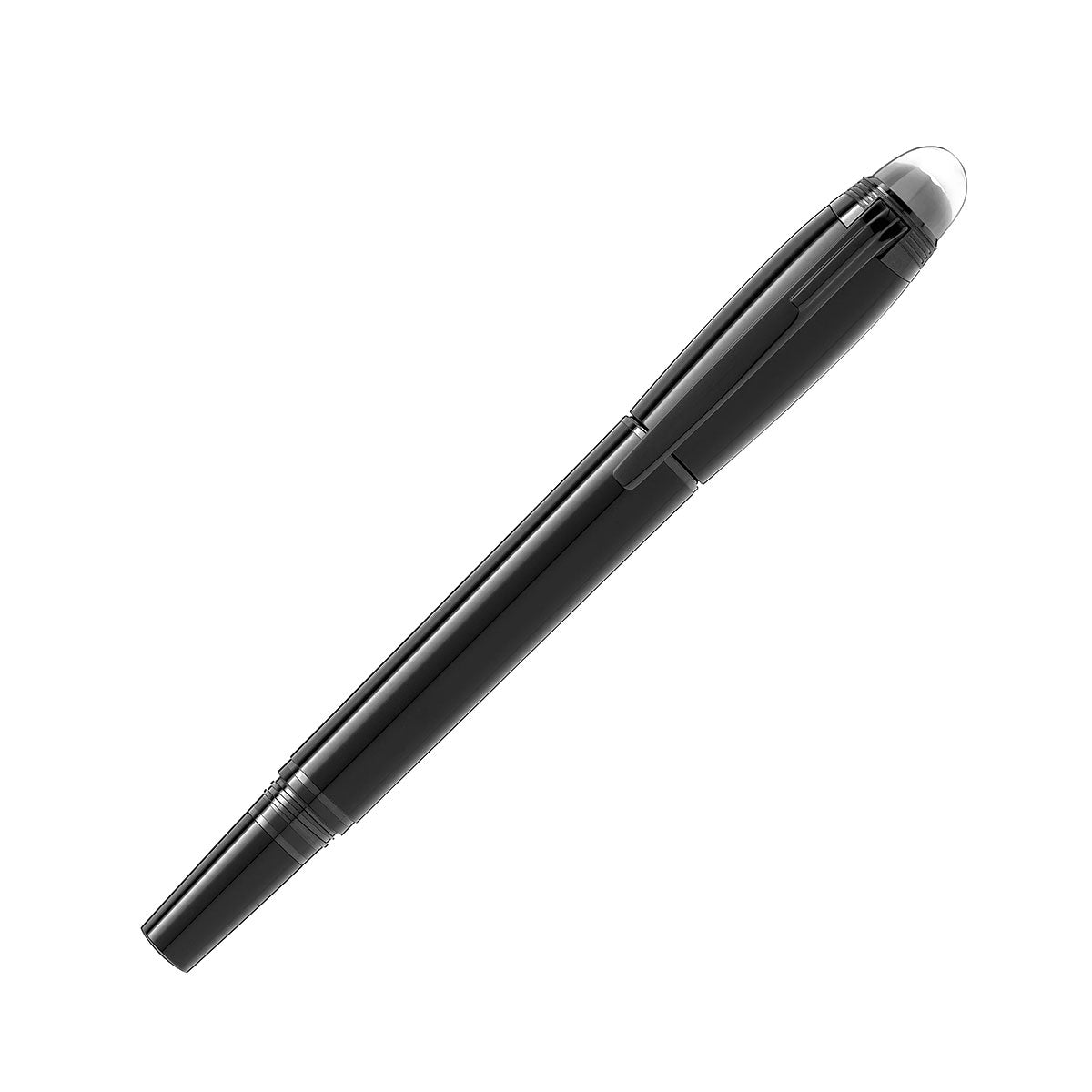 The Montblanc Starwalker Black Cosmos Precious Resin Fineliner Pen boasts a sleek design with a glossy black finish. Its seamless integration with the cap and a metallic clip make it ideal for attaching to pockets or notebooks, appealing to those inspired by space exploration.