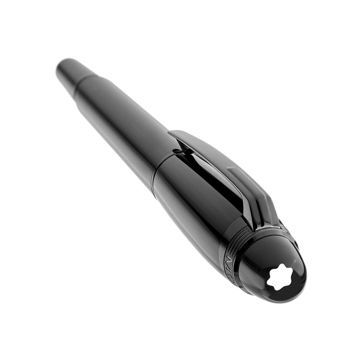 The Montblanc Starwalker Black Cosmos Precious Resin Fineliner Pen, presented in a glossy black finish, features a striking star emblem on the cap. Its sleek design and detailed clip evoke space exploration aesthetics.