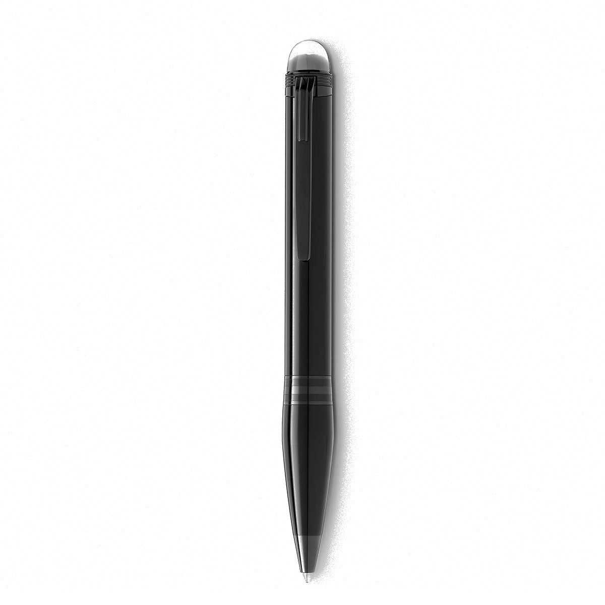 A sleek Montblanc Starwalker Black Cosmos Precious Resin ballpoint pen, featuring a shiny metallic clip and a clear top, stands vertically against a plain white background. It showcases its minimalist design and smooth finish, embodying the spirit of space exploration with its elegant yet functional style.