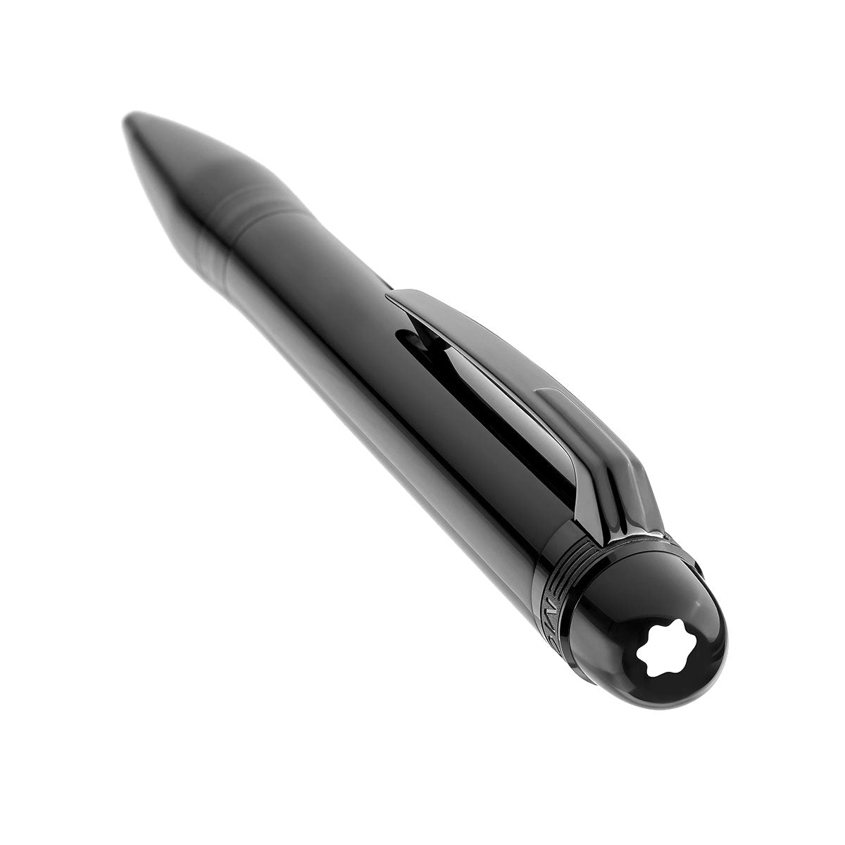 Introducing the elegant Montblanc Starwalker Black Cosmos Precious Resin Ballpoint Pen, set against a crisp white backdrop. Its glossy, modern design includes a side clip and features a distinctive star-shaped emblem atop, evoking themes of space exploration.