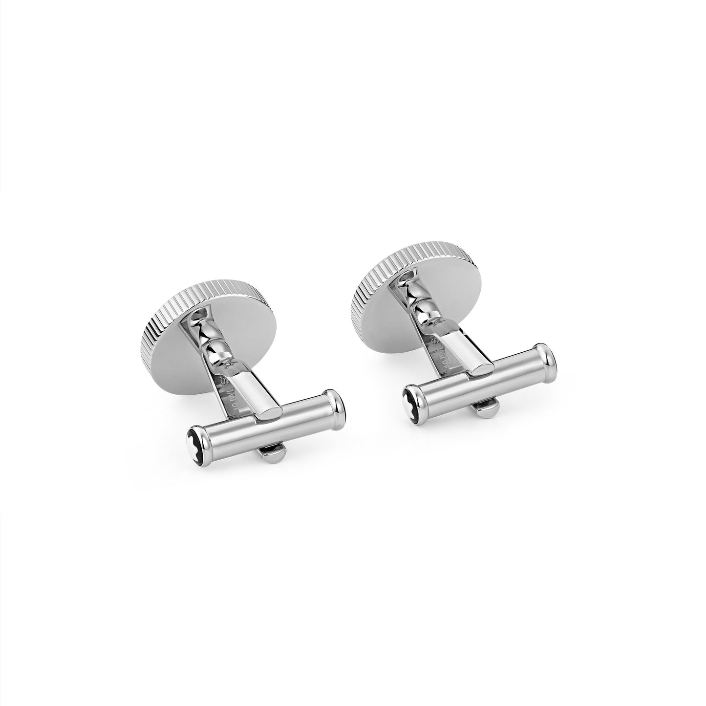 The Montblanc Heritage Rouge Et Noir Cufflinks showcase a sleek, cylindrical design with rounded edges set against a pristine white background.