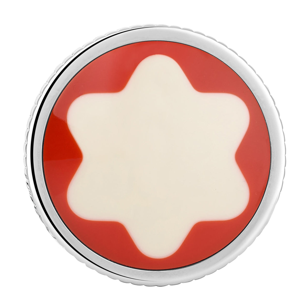 A circular piece resembling Montblanc Heritage Rouge Et Noir Cufflinks, featuring a red border and a cream-colored six-pointed star shape in the center. The design is clean and symmetrical, complemented by a ribbed texture along the outer edge.