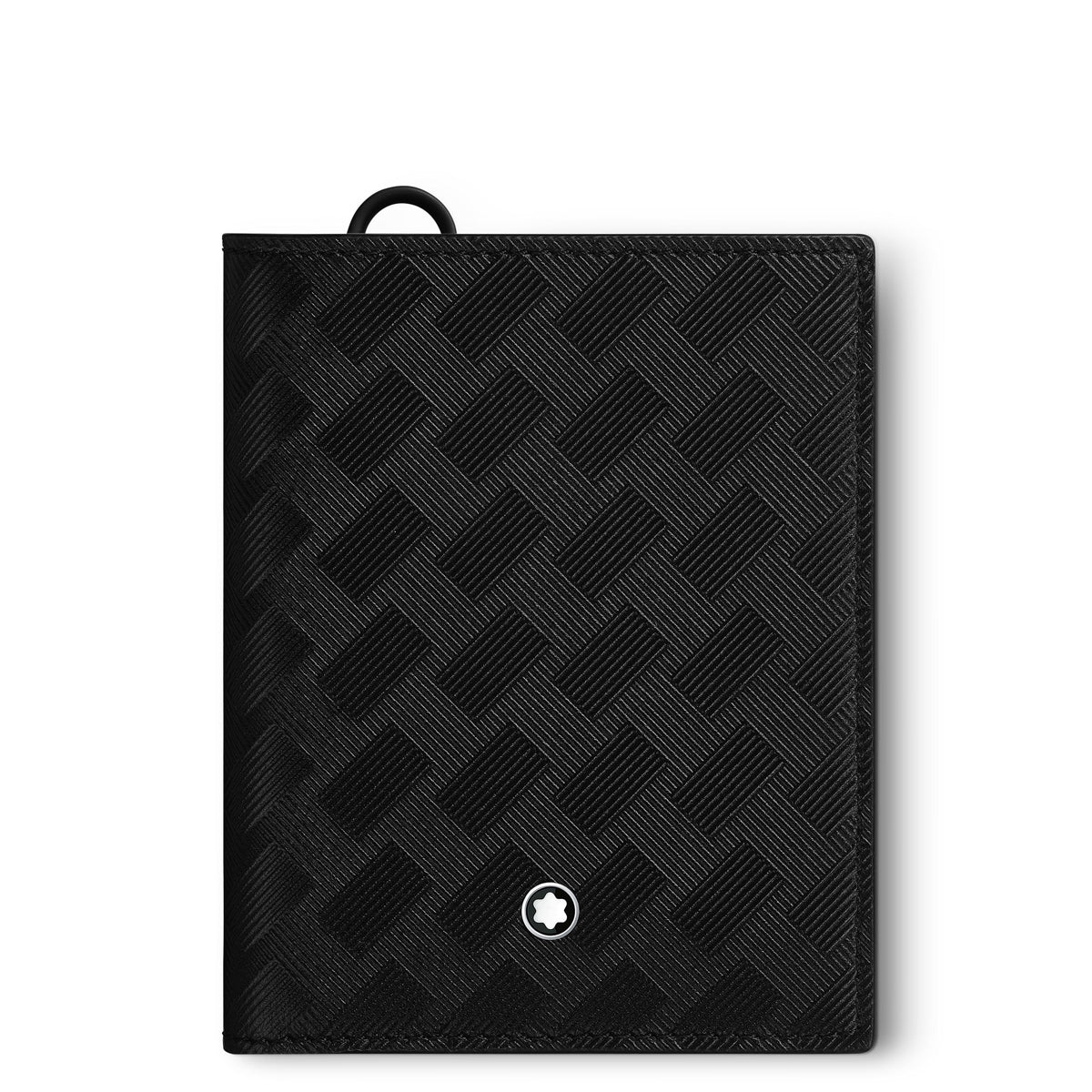 The Montblanc Extreme 3.0 Compact Leather Wallet 6cc showcases a black textured leather finish adorned with a geometric pattern and a subtle circular white logo near the bottom, offering a simple and elegant design ideal for those who value refined style.