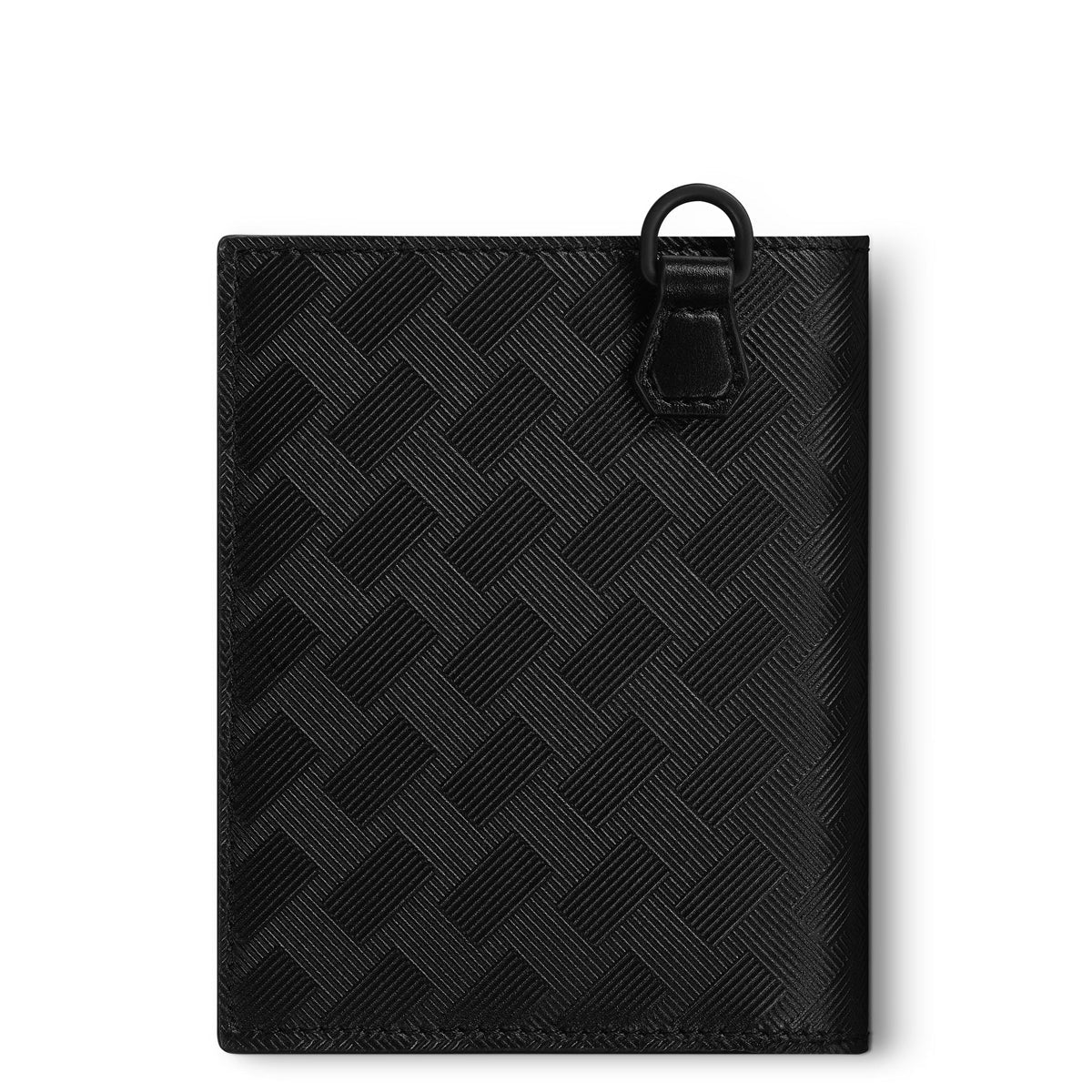 The Montblanc Extreme 3.0 Compact Leather Wallet 6cc showcases a woven pattern design and a small leather loop at the top, set against a plain white background.