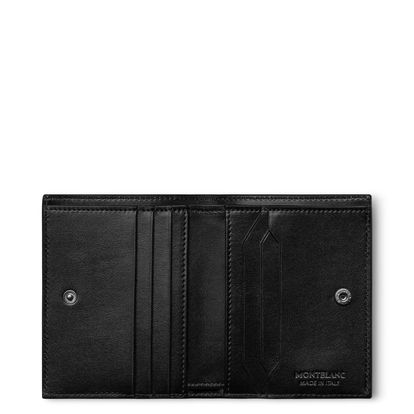 This stylish Montblanc Extreme 3.0 Compact Leather Wallet 6cc in black features multiple card slots and a coin pocket, adorned with the renowned Montblanc logo embossed in the bottom right corner.