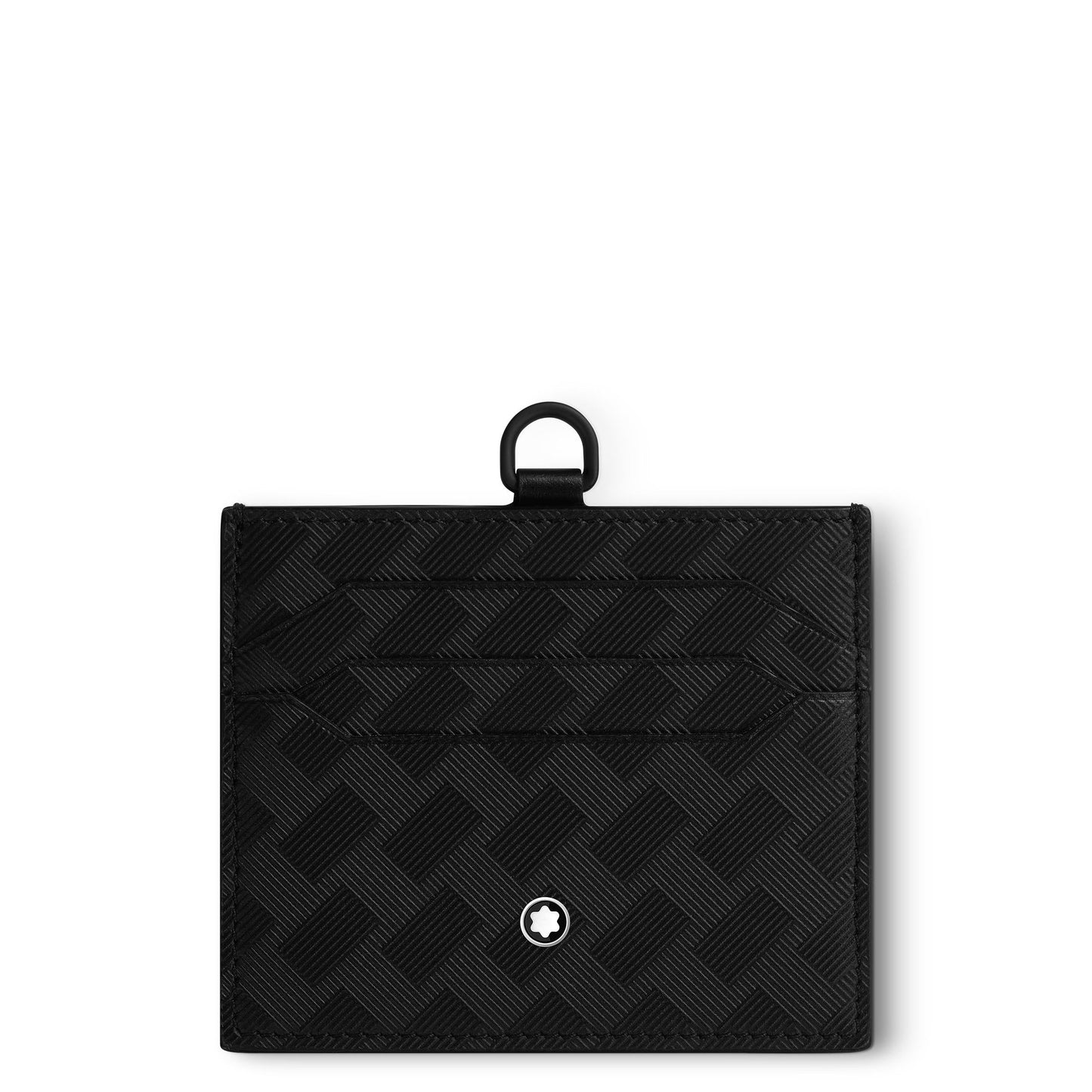 The Montblanc Extreme 3.0 Leather Card Holder 6cc features a textured geometric pattern and includes several card slots along with a small loop for attachment. A circular logo with a white star enhances its sleek design, making it perfect for those looking for style and functionality. It's part of the Montblanc Extreme collection.