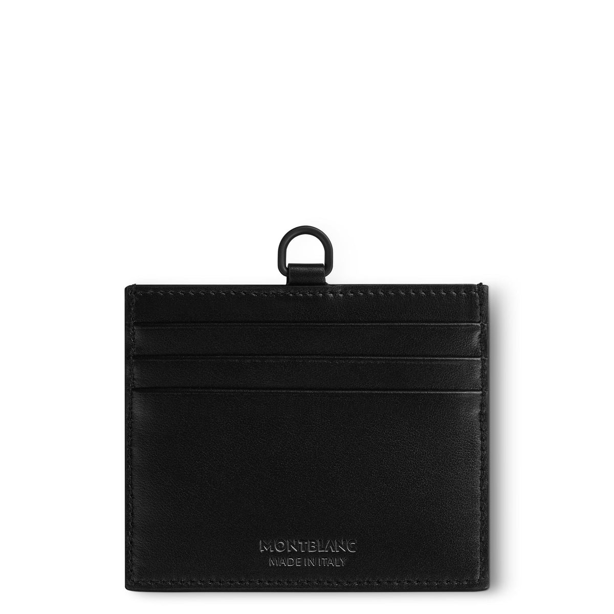 The Montblanc Extreme 3.0 Leather Card Holder 6cc features a stylish design with three card slots and a convenient loop at the top. The leather surface is elegantly embossed with "Montblanc Made in Italy" at the bottom, seamlessly combining style and practicality.