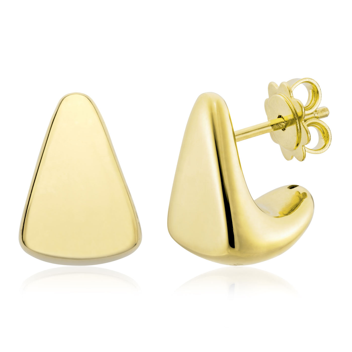 Introducing the Miss Mimi by Yael 18K Yellow Gold Vermeil Triangular Stud Earrings, masterfully crafted in Italy. These elegant studs showcase a smooth triangular design; one features a flat front surface while the other has a curved edge and post with a secure butterfly back.