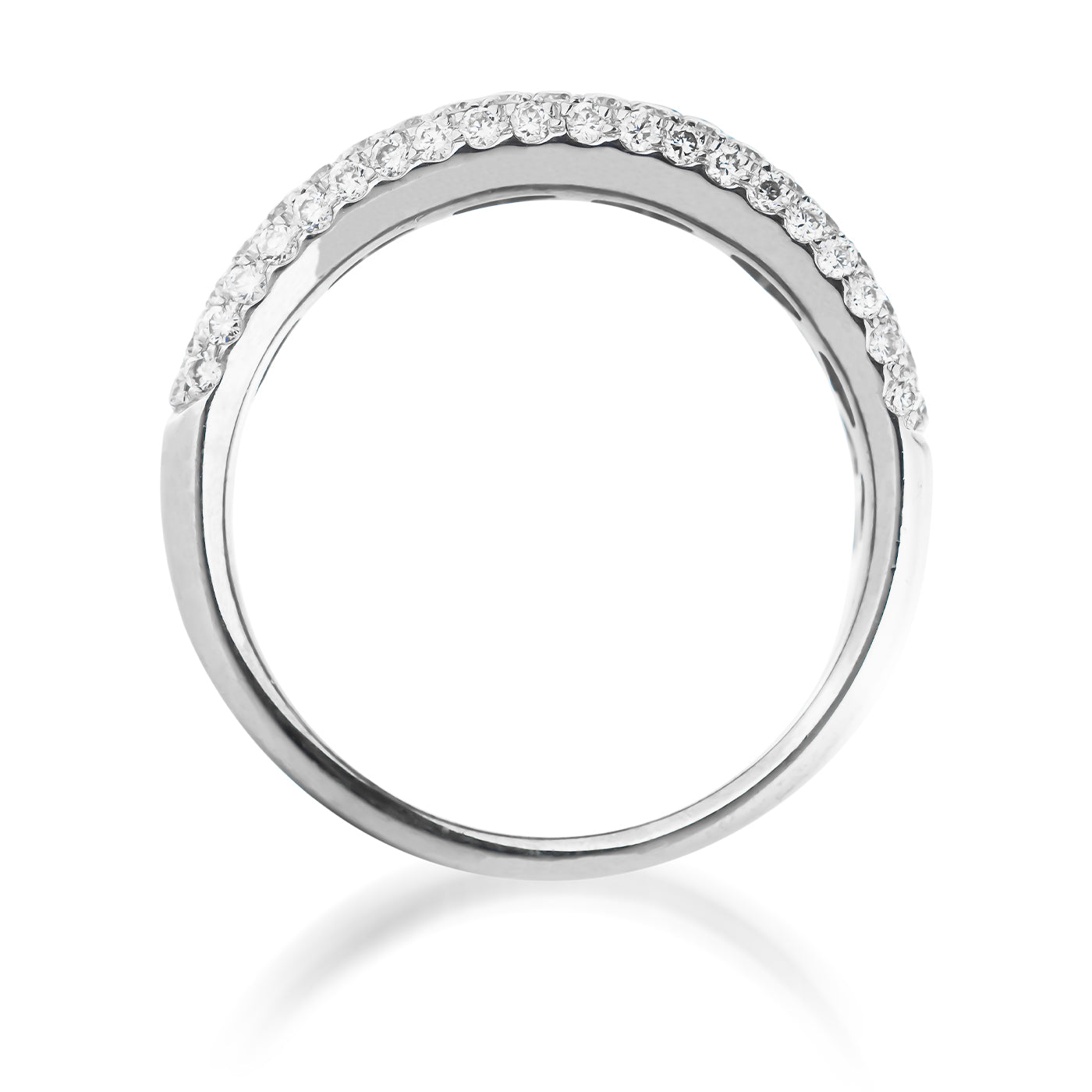 The Raffi&Co.® 18K White Gold Diamond Stacked Fashion Ring showcases a curved row of sparkling round diamonds set along the top half, displayed on a white background.