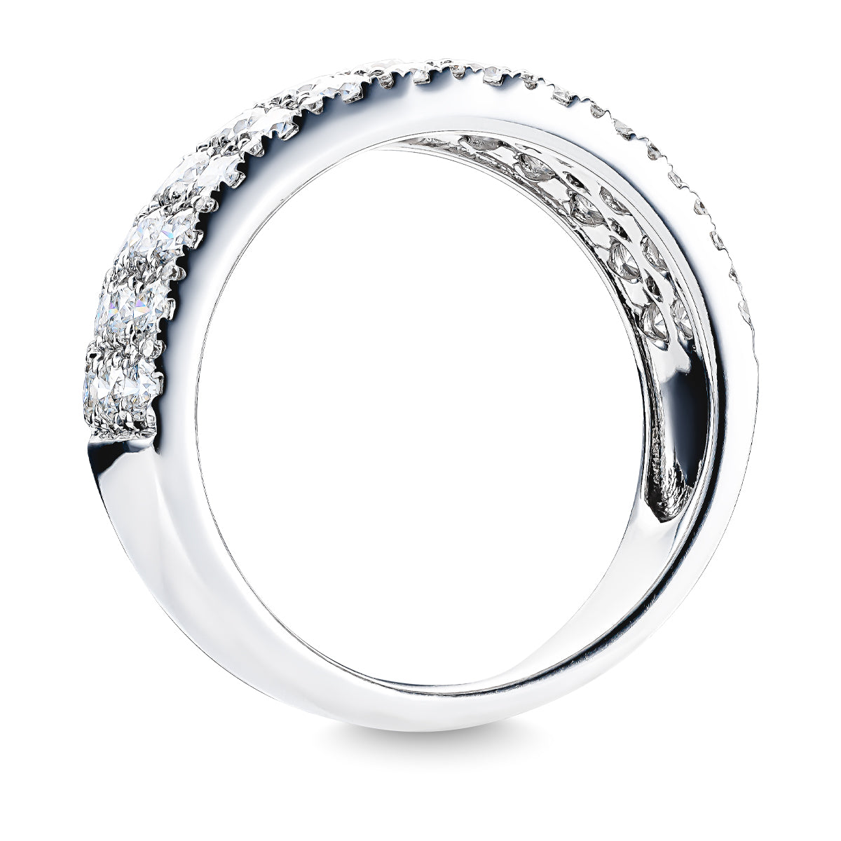 View the Raffi&Co.® Signature 14K White Gold Round Brilliant Diamond Fashion Ring, featuring a sleek band with numerous small diamonds on top and a hollow interior for an intricate design.