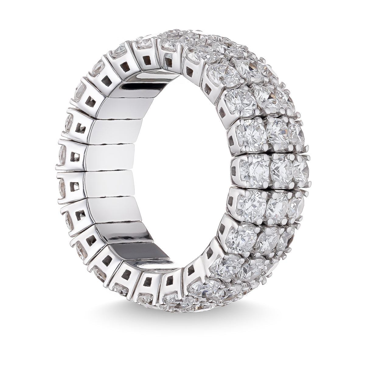 The Raffi&Co.® 18K White Gold Round Brilliant Diamond Fashion Ring features multiple rows of sparkling diamonds forming a continuous loop. Its intricate design showcases the brilliance and clarity of the stones, giving the ring an elegant and luxurious appearance.