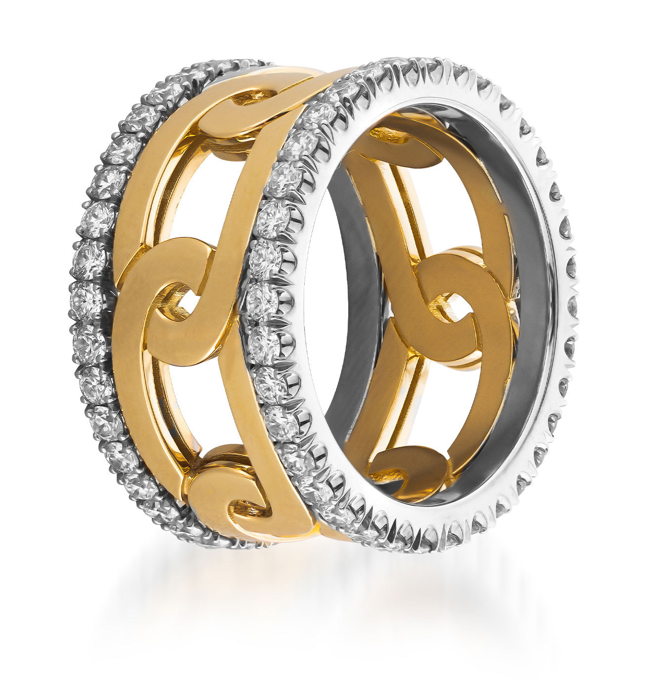 The Raffi&Co.® 18K White and Yellow Gold Diamond Fashion Ring features bold chain-link design, with rows of sparkling white diamonds for added brilliance.