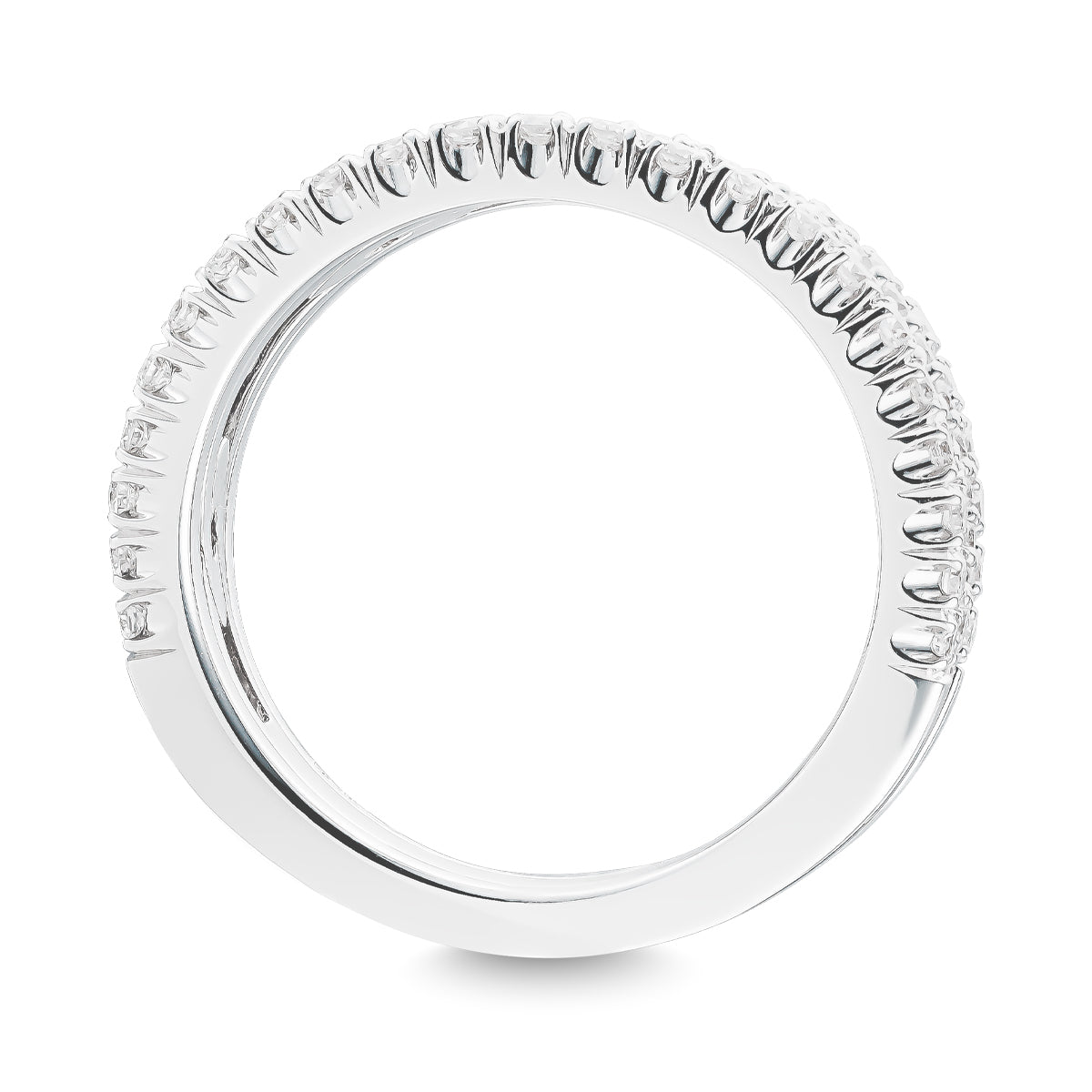 The Raffi&Co.® Signature 14K White Gold Round Brilliant Diamond Fashion Ring features a smooth, reflective band with small, clear diamonds set along the top half. This minimalist and elegant design offers evenly spaced gemstones, adding a subtle sparkle to the piece.