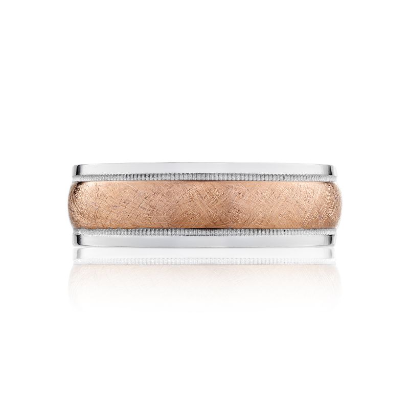 The Tacori Classic Wedding Band for men features a sophisticated two-tone design, combining a brushed rose gold center with polished 18K white gold edges and accented by delicate milgrain details.