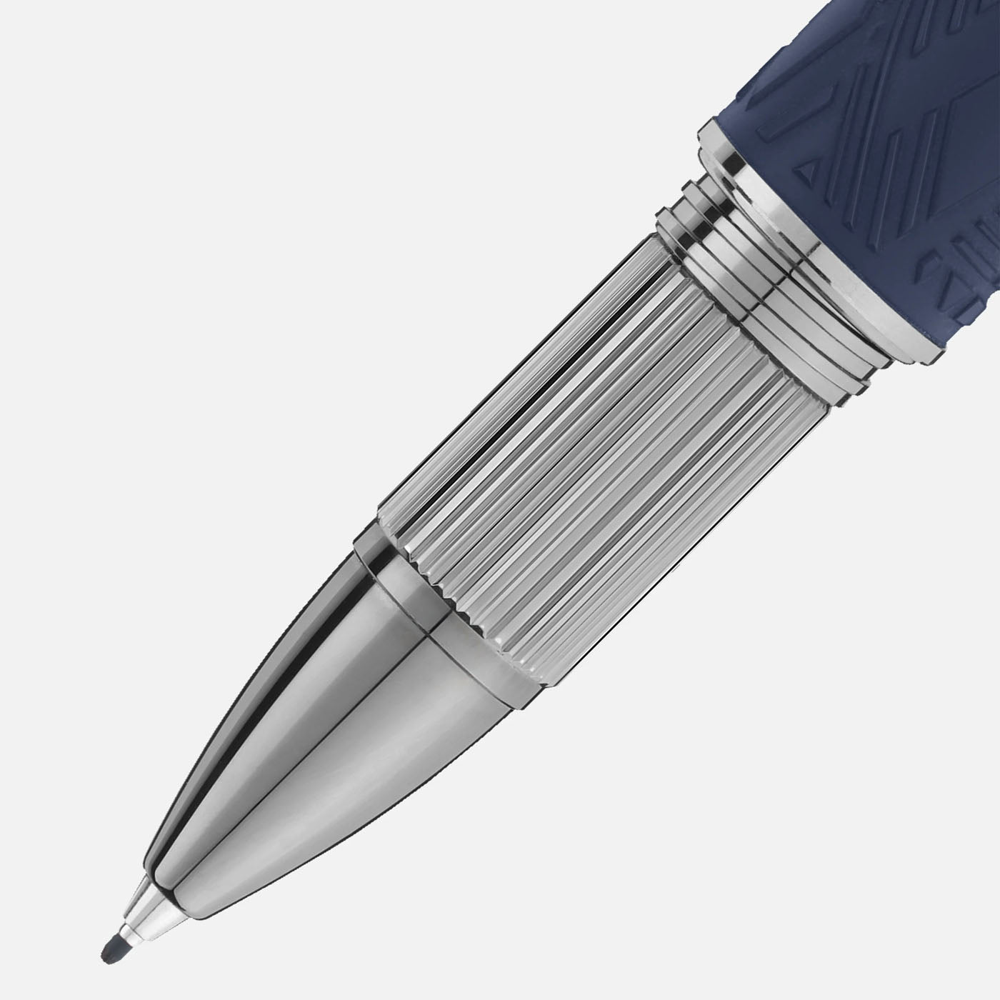 Close-up of the Montblanc Starwalker SpaceBlue Resin Fineliner Pen tip featuring a shiny silver finish and blue textured grip. The design is modern and elegant, showcasing futuristic precision and craftsmanship inherent to Montblanc products.