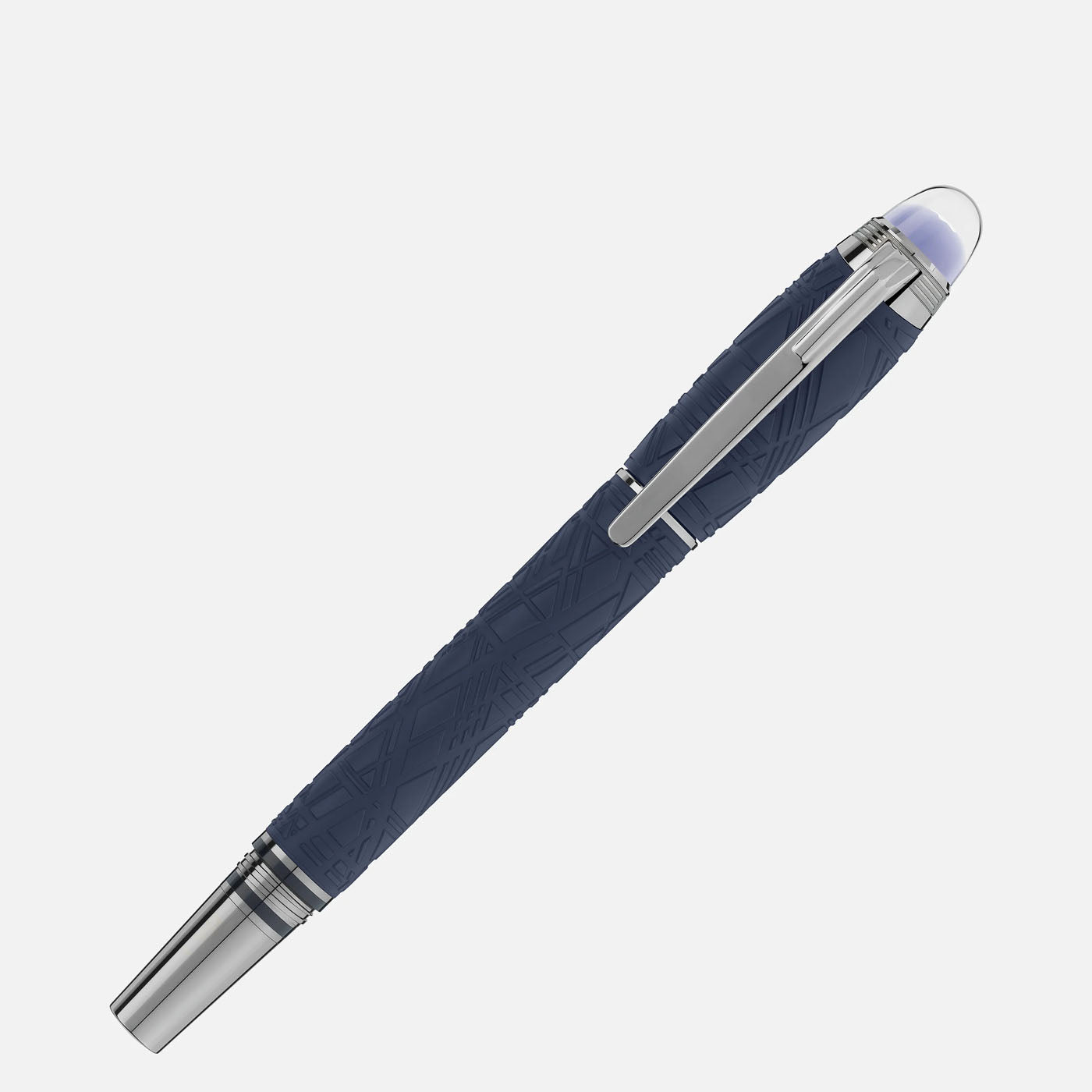 The Montblanc Starwalker SpaceBlue Resin Fineliner Pen, designed in navy blue with an intricate Widmanstätten Pattern and silver accents, includes a sleek silver clip and a transparent cap top. Positioned diagonally, the futuristic pen appears against a plain white background.