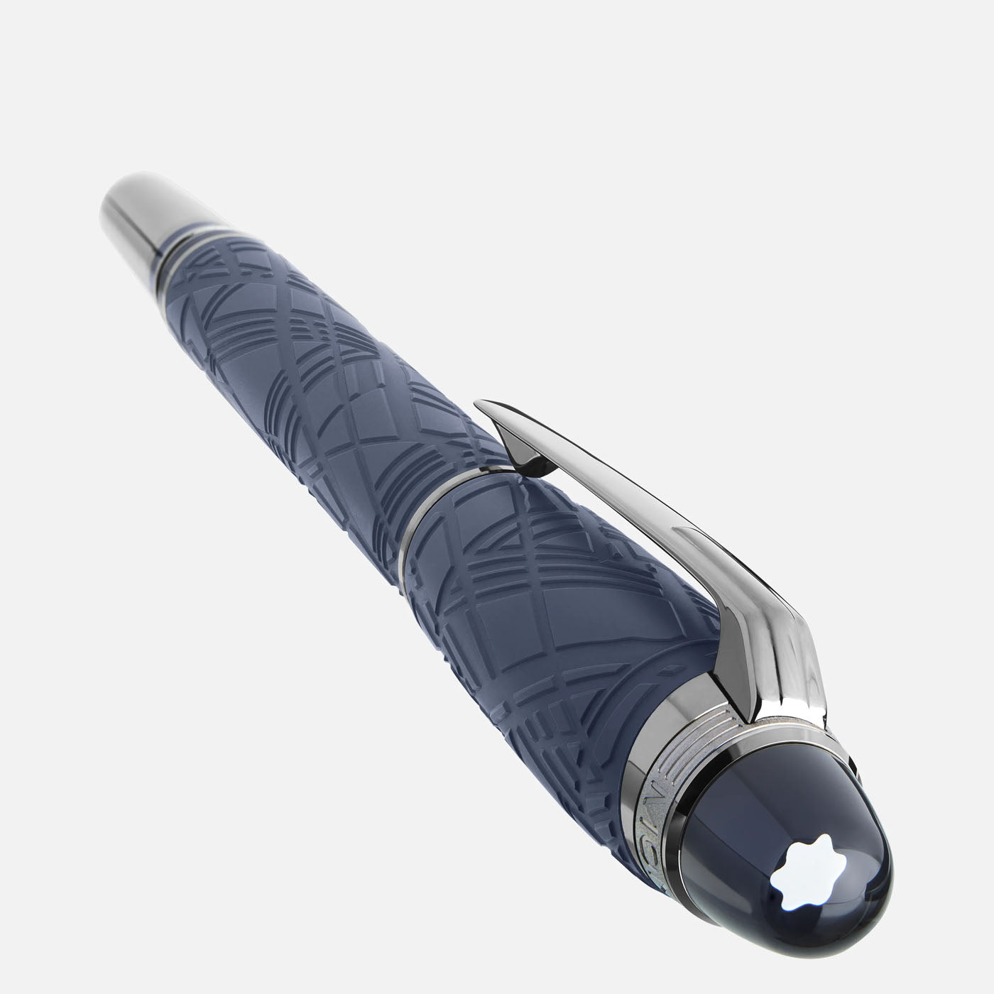 Part of the Montblanc Starwalker SpaceBlue Resin collection, this sleek, blue luxury pen showcases intricate geometric designs on its barrel, echoing the Widmanstätten Pattern. Featuring a silver clip and end cap adorned with a star emblem on top, this futuristic pen angles slightly away with its writing tip.