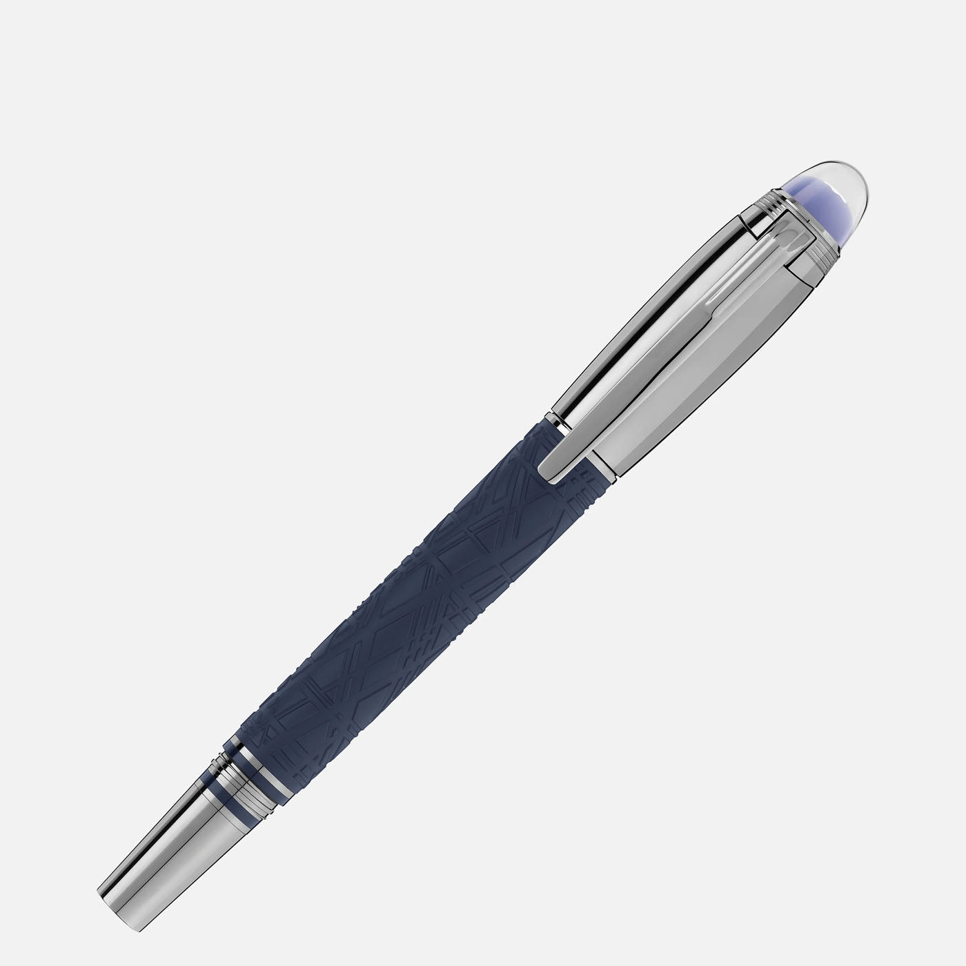 The Montblanc Starwalker SpaceBlue Resin Doue Fineliner Pen features a dark blue textured resin barrel complemented by shiny silver accents. Its cap is equipped with a metallic clip, adorned with the iconic Montblanc emblem, and boasts a translucent round tip at the top. The pen is displayed diagonally against a plain white background.