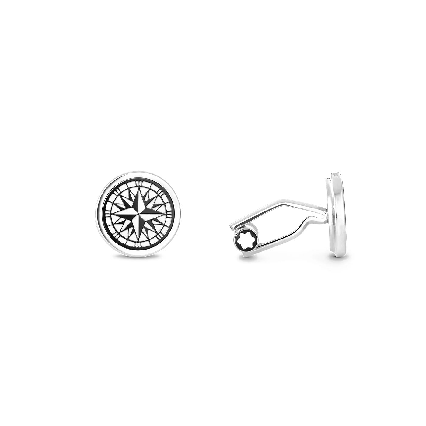 These Montblanc Cufflinks, a tribute to Robert Louis Stevenson, are crafted from round stainless steel and feature an elegant black compass rose design. One cufflink is displayed from the front, emphasizing its intricate pattern, while the opposite side reveals the sophisticated clasp mechanism.