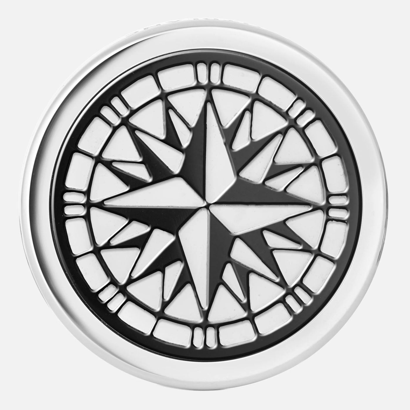 A circular emblem from Montblanc's Homage to Robert Louis Stevenson series, showcasing a stainless steel compass rose design with eight sharp points and a geometric pattern in black and white, ideal for sophisticated cufflinks.