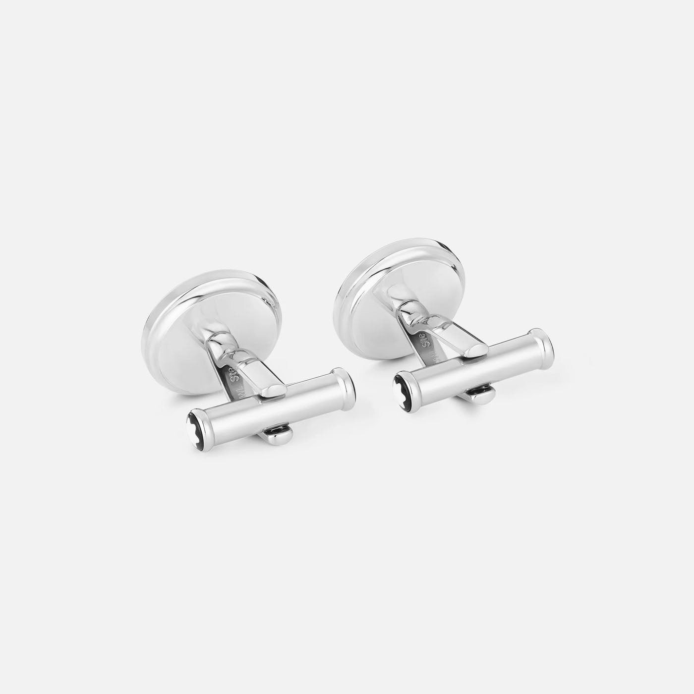 The Montblanc Cufflinks Homage to Robert Louis Stevenson feature a sleek, cylindrical design with round bases, showcased against a simple light background.