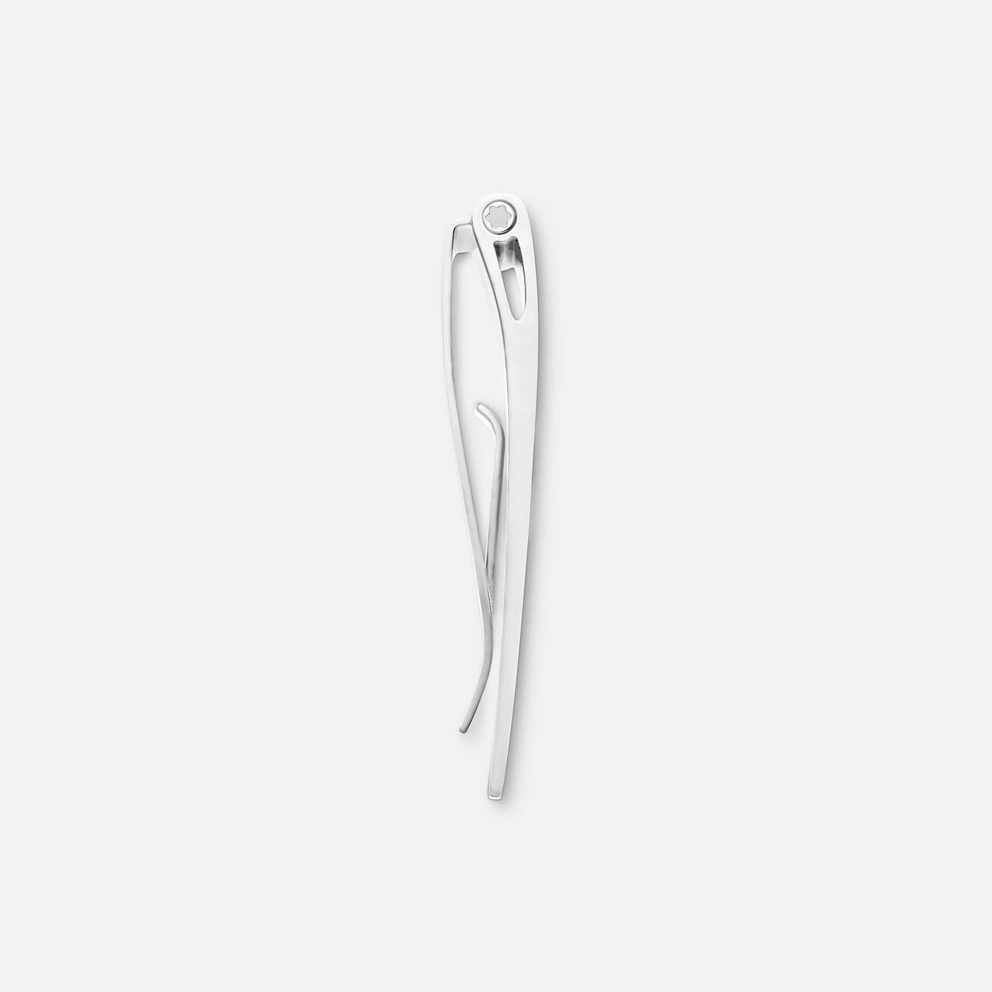 The Montblanc Extreme 3.0 Collection Money Clip from Montblanc showcases a minimalist design with an elongated, sleek silhouette crafted from stainless steel, accented by a subtle circular detail near the clasp and set against a plain light gray background.