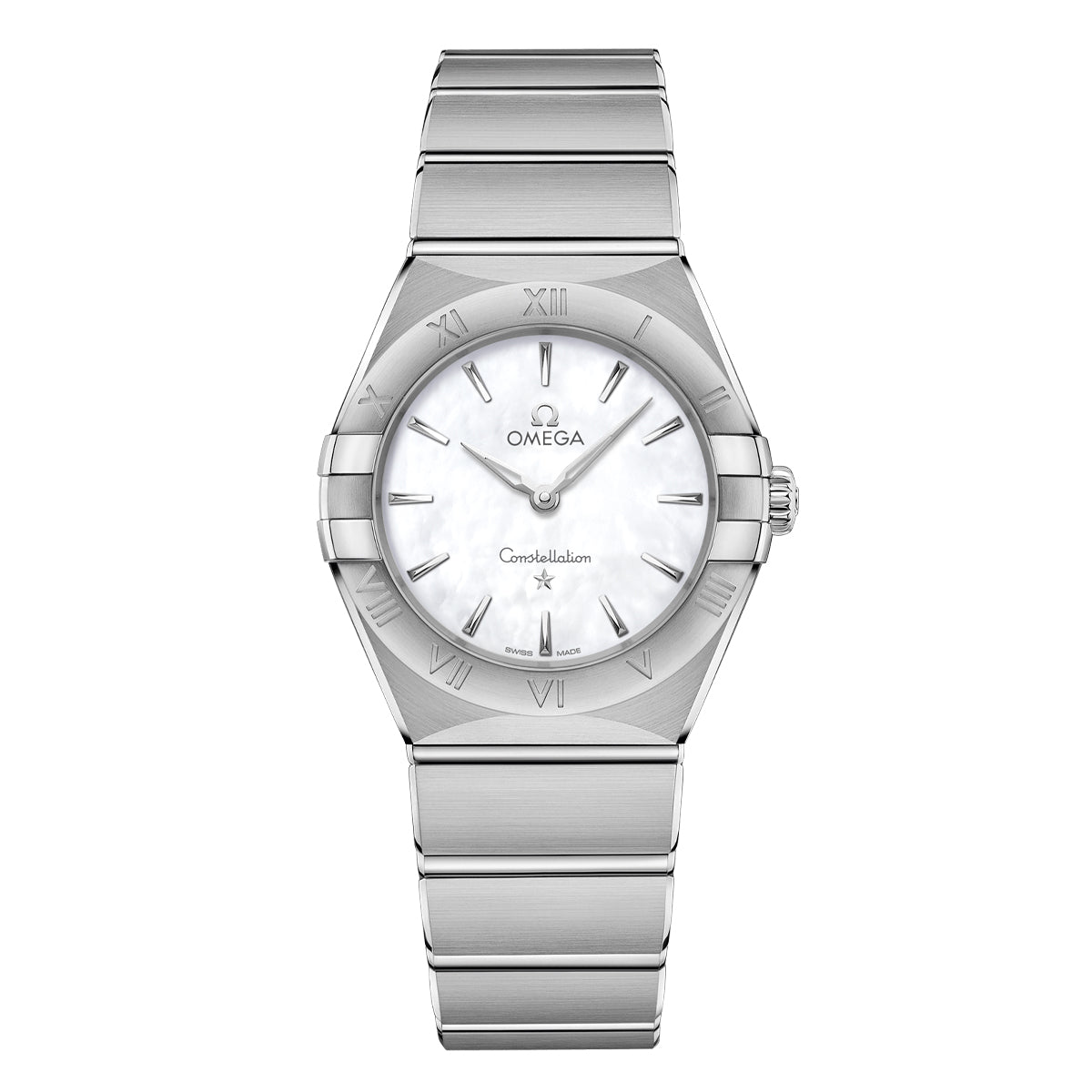 The OMEGA Constellation Quartz 28mm Watch showcases a silver finish with a mother-of-pearl dial, Roman numeral hour markers on the bezel, and a stainless steel bracelet. It embodies sleek minimalism, featuring the iconic OMEGA logo on its face.