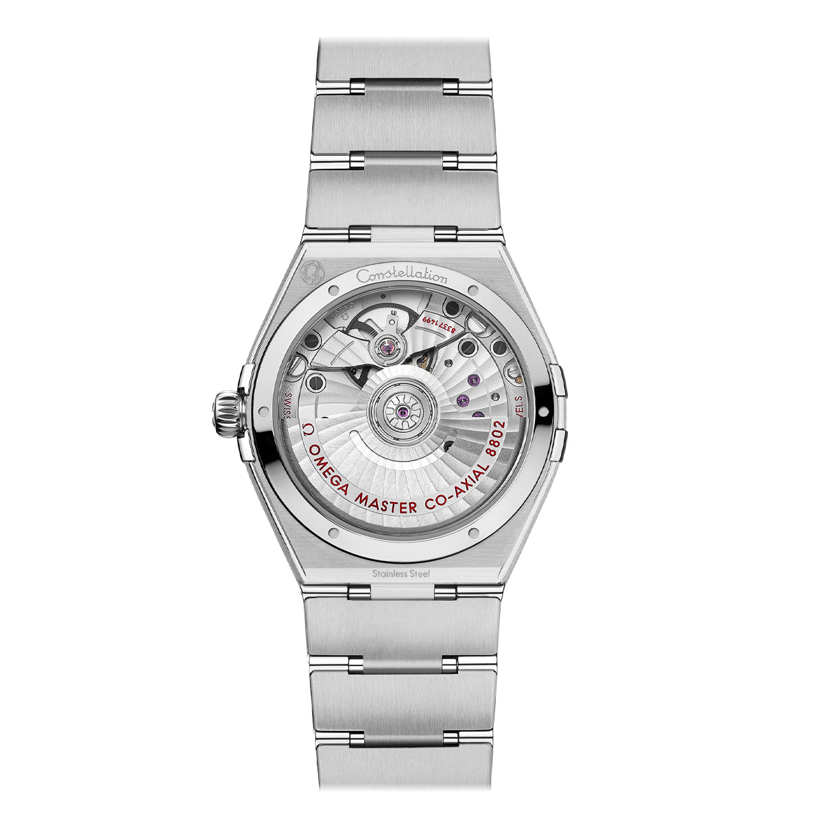 The back view of the OMEGA Constellation Co-Axial Master Chronometer Small Seconds 34mm watch highlights its detailed mechanical movement through a transparent case back. Visible text includes "Omega Master Co-Axial 8902," surrounded by numerous small gears and jewels. Its stainless steel bracelet offers a sleek and timeless design.