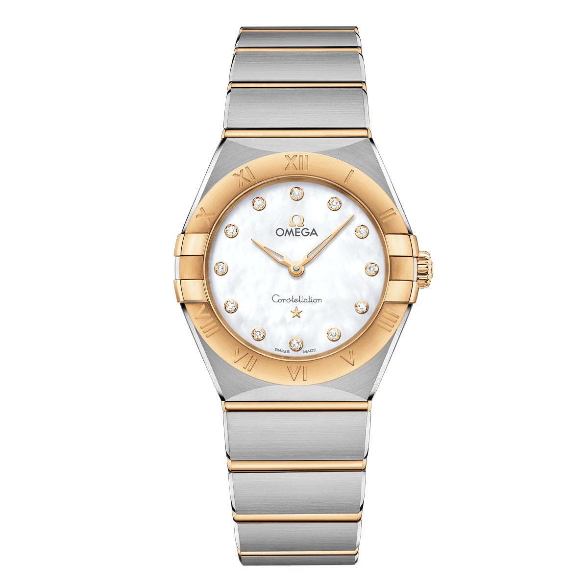 The OMEGA Constellation Quartz 28mm Watch features a luxurious gold and silver two-tone bracelet, a round white dial adorned with diamond hour markers, and Roman numerals on its 18K yellow gold bezel, with the elegant "Omega" branding prominently displayed on its face.