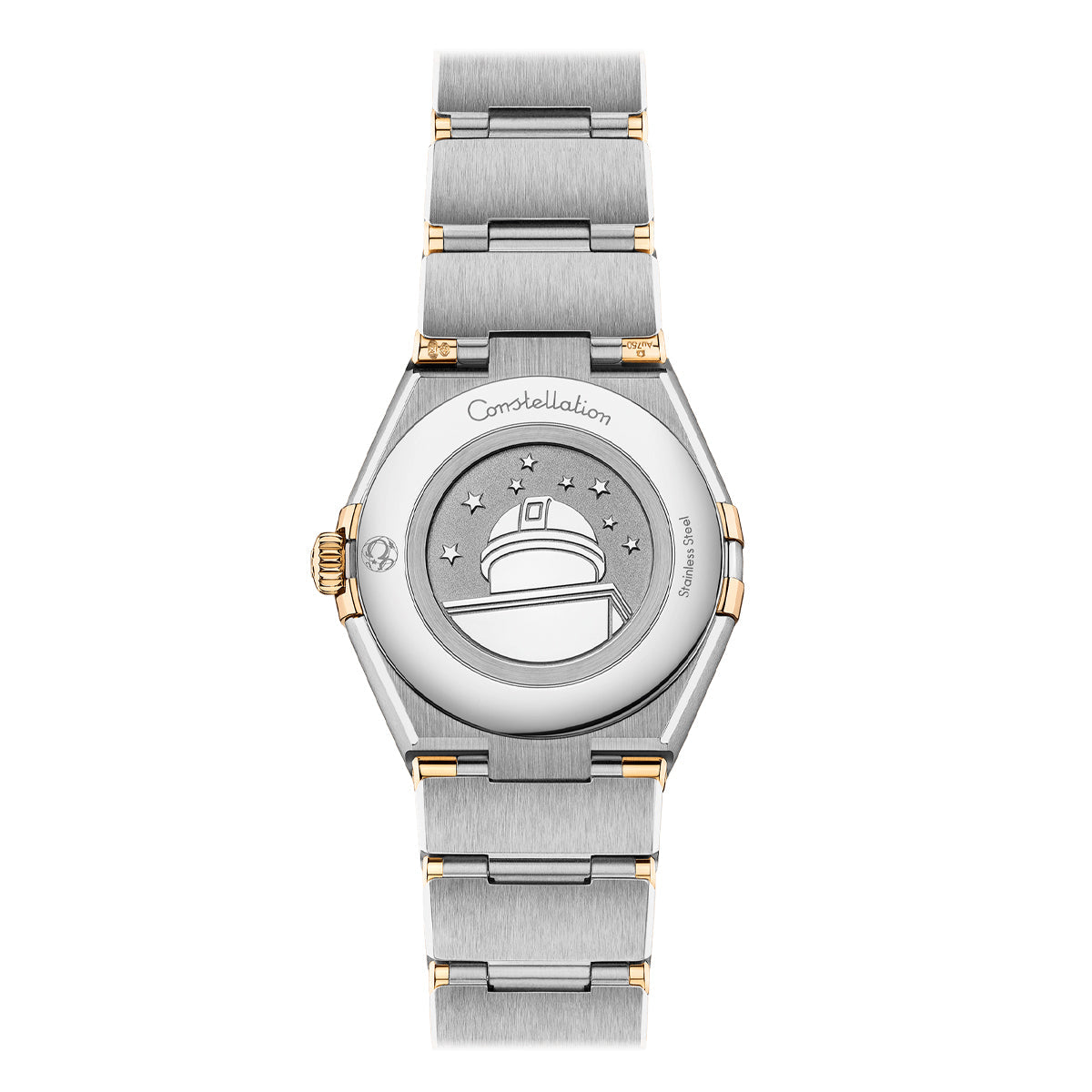 The image showcases the back of an OMEGA Constellation Quartz 28mm watch, highlighting its luxurious two-tone bracelet crafted from 18K yellow gold and silver. The case back is adorned with an engraved observatory and stars, with the word "Constellation" elegantly inscribed above.