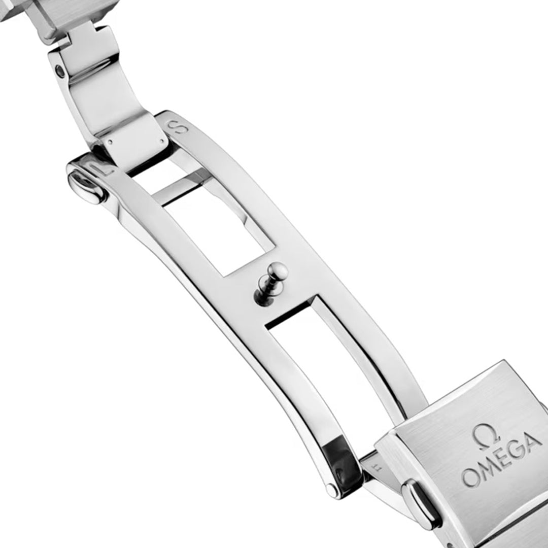 Close-up of a silver watch clasp engraved with the OMEGA logo, showcasing a deployment mechanism with visible pins and hinges. The polished metal surfaces complement the elegance of the OMEGA Constellation Quartz 28mm Watch's meteorite dial.