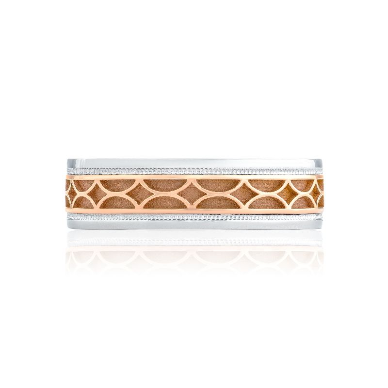 The Tacori Geometric Two-Tone Finish 18K White and Rose Gold Decorative Wedding Band boasts an intricate pattern of interlocking arches, combining a silver and rose gold design. Its polished finish creates a reflective appearance against a white background, making it perfect for the refined gentleman.
