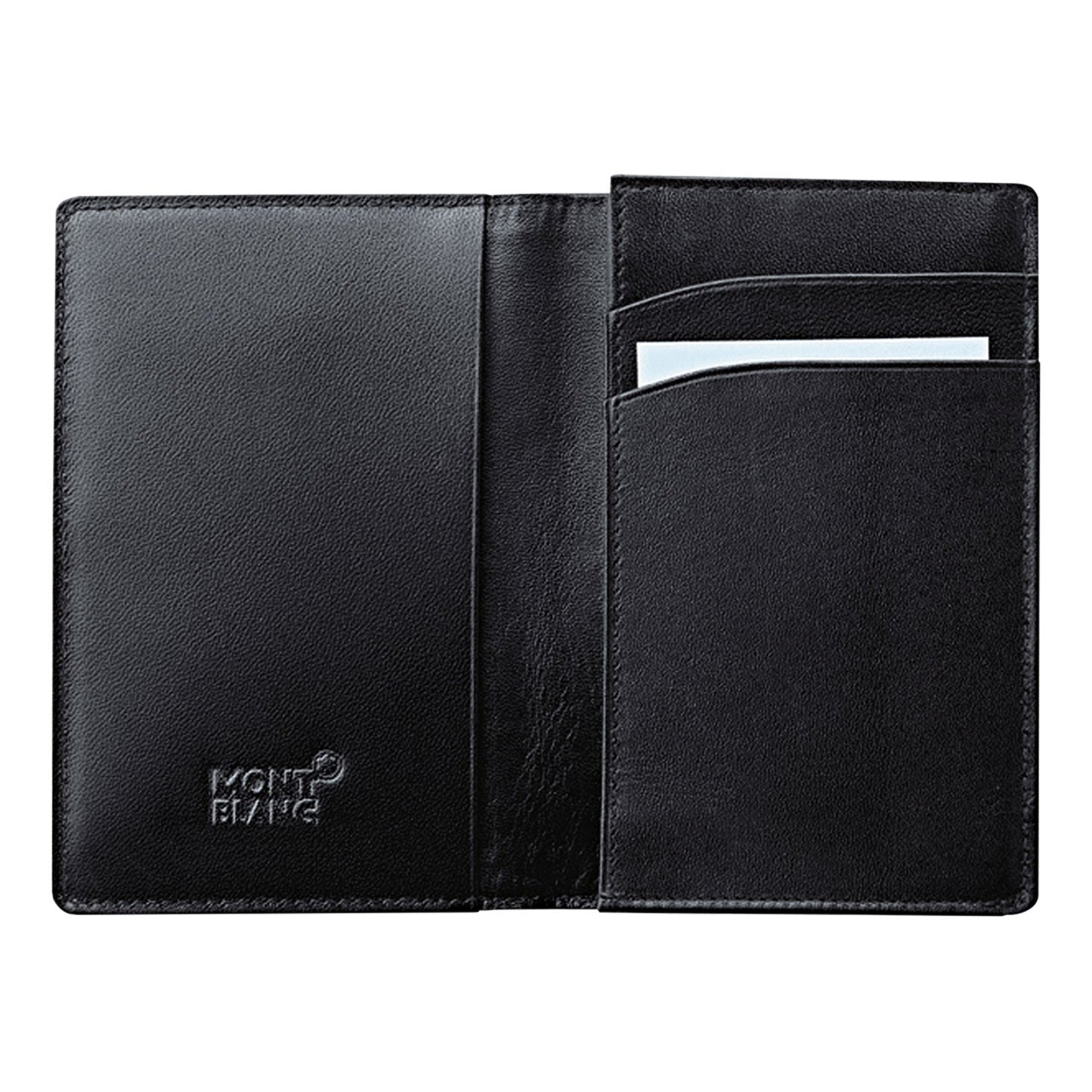 The Montblanc Meisterstück Leather Business Card Holder, made from black European full-grain cowhide, displays the Montblanc emblem embossed on the bottom left corner. It features a smooth and polished texture with two slots and a compartment inside, resembling a business card holder; one slot contains a small white card.
