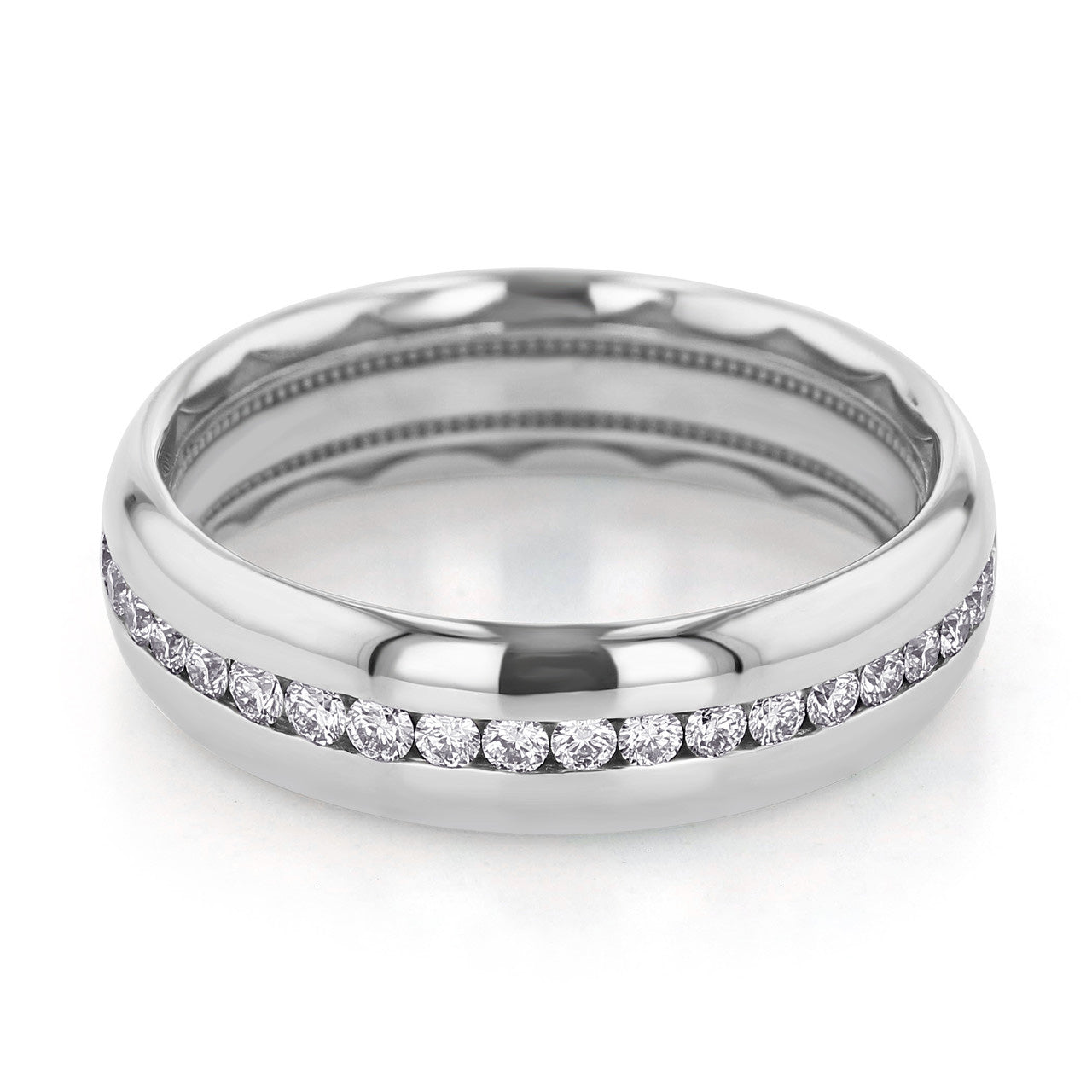 The Tacori Channel Set Diamond High Polish Finish 18K White Gold Men's Round Brilliant Diamond Wedding Band showcases channel-set diamonds that sparkle around the center, illuminating its polished surface. This ring's sleek and symmetrical design radiates elegance and sophistication, offering a soft comfort fit perfect for daily wear.
