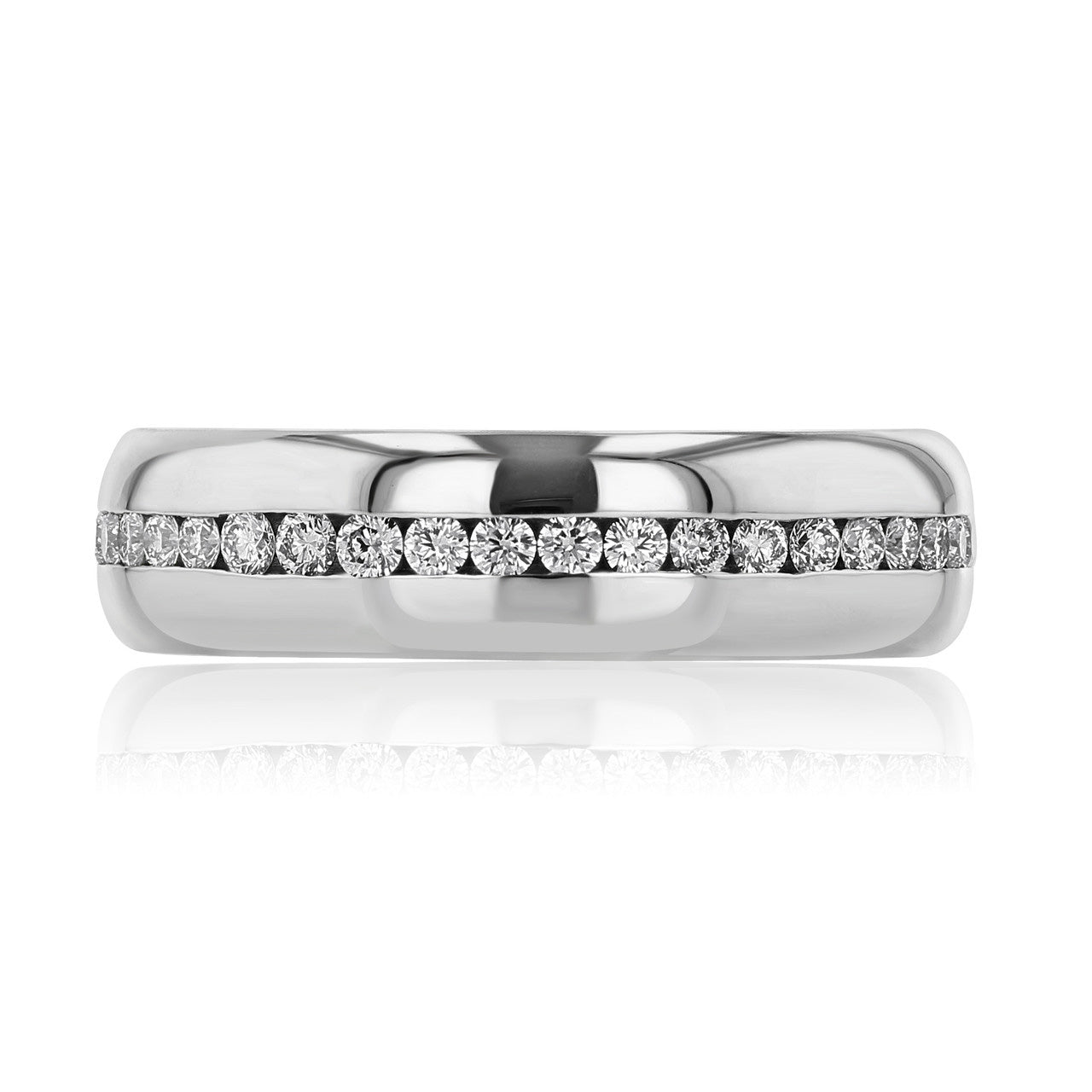 The Tacori Channel Set Diamond High Polish Finish 18K White Gold Men's Round Brilliant Diamond Wedding Band showcases a polished finish and comfort fit, featuring a horizontal row of small channel-set diamonds that creates an elegant design as it reflects light beautifully.