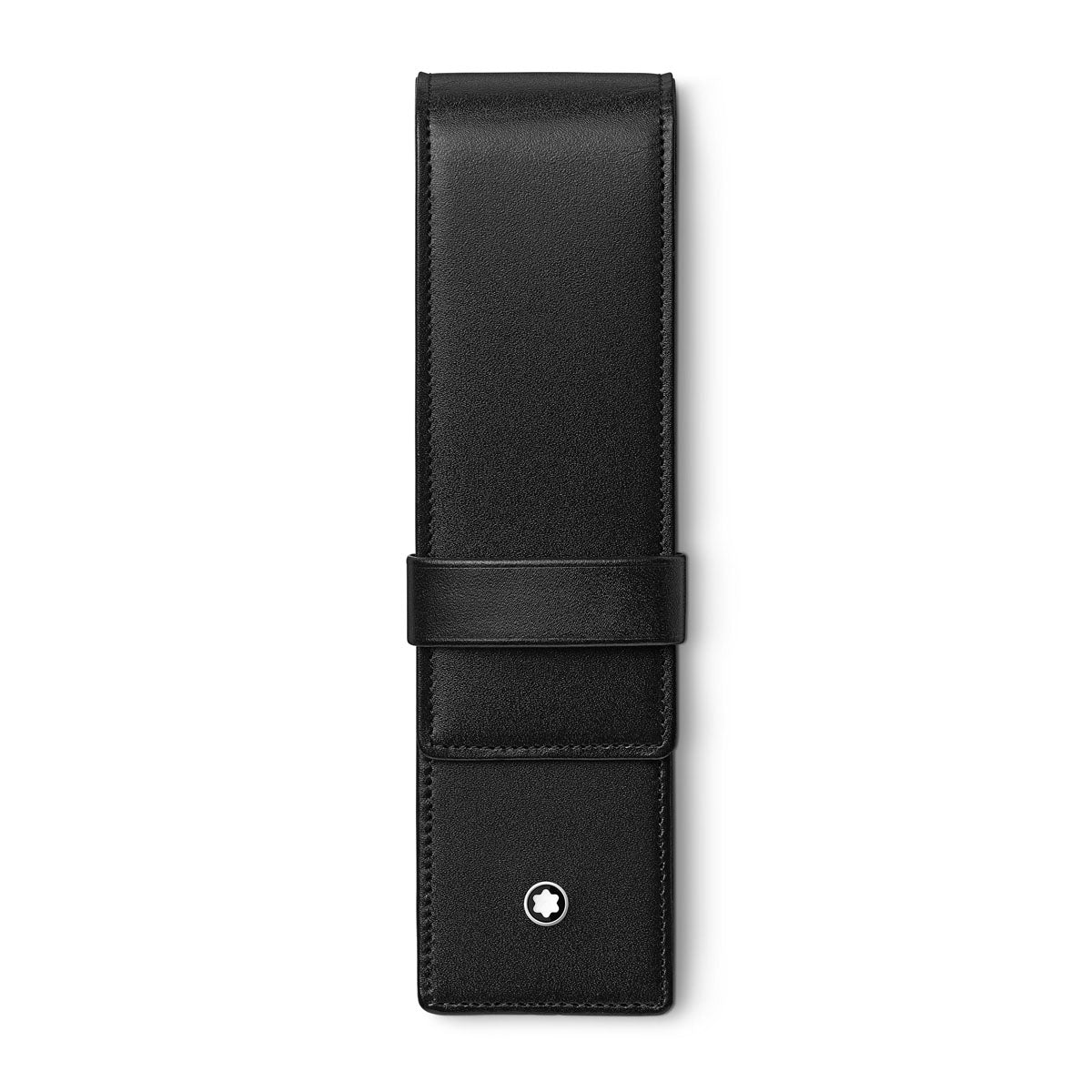The Montblanc Meisterstück Black Leather Pen Pouch is a sleek writing instrument holder made from black leather, featuring a flap closure and adorned with a subtle, circular logo on the lower front. Its minimalistic and elegant design makes it perfect for storing a single Meisterstück pen.