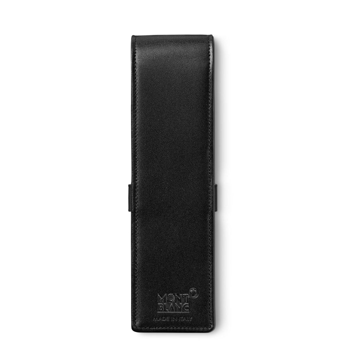 The Montblanc Meisterstück Black Leather Pen Pouch is a stylish accessory crafted with the brand's Meisterstuck design in a modern rectangular shape. It features an embossed Montblanc logo and proudly displays "Made in Italy," adding sophistication to this elegant writing instrument holder, which also includes a convenient flap closure.
