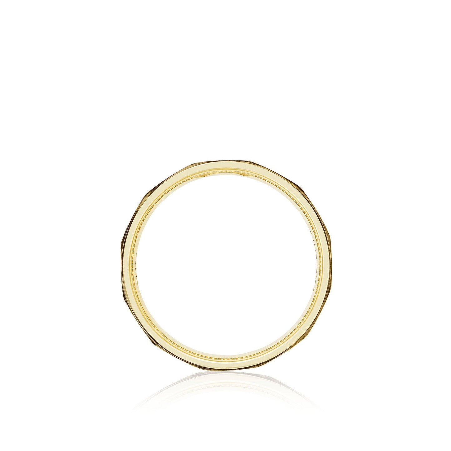 A Tacori wedding band in 18K yellow gold, featuring a thin, circular design with geometric facets and a satin finish on a white background.