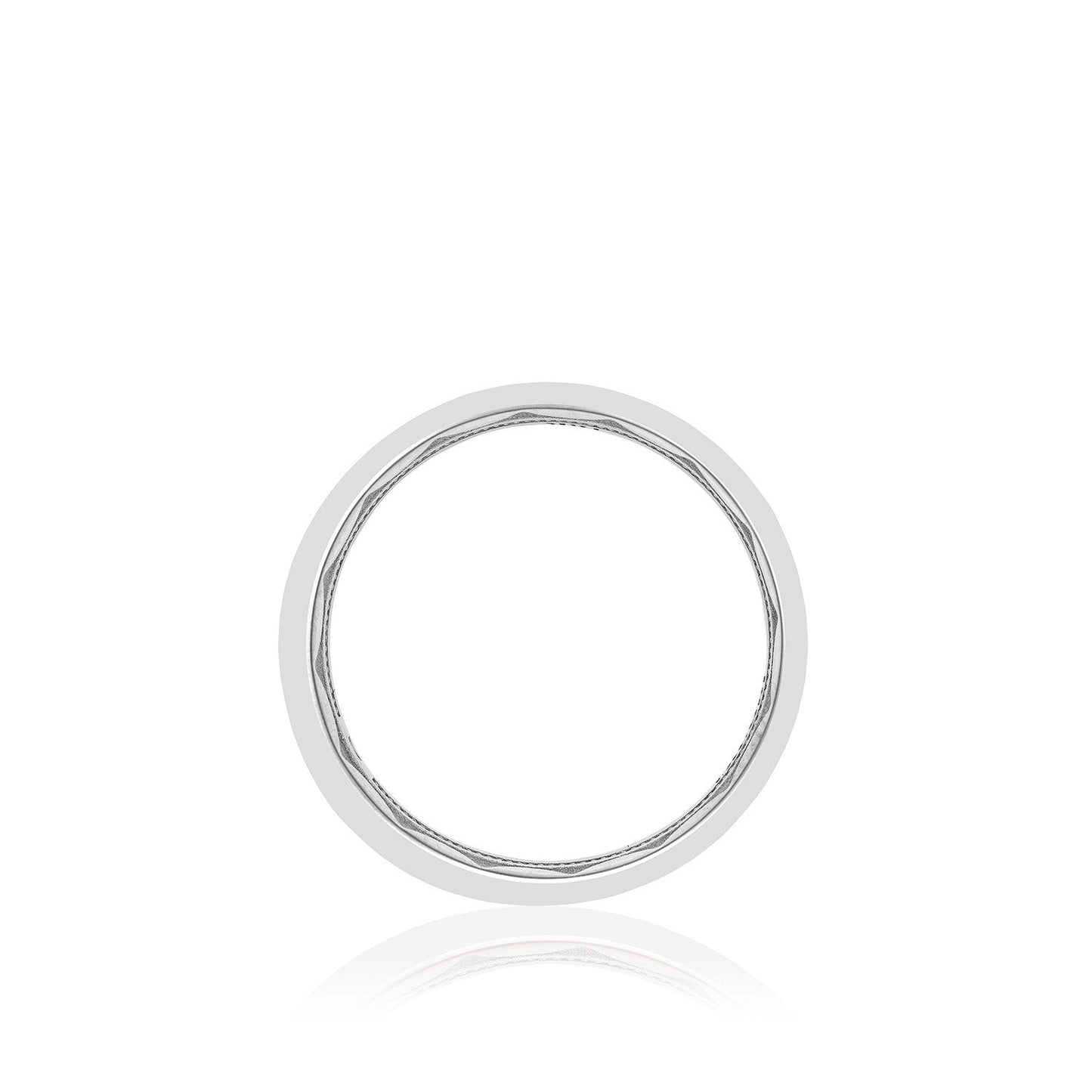 A sleek, polished Tacori Platinum Emerald Bezel Set Diamond Wedding Band with a smooth, comfortable fit is centered on a plain white background, emphasizing its minimalist design.
