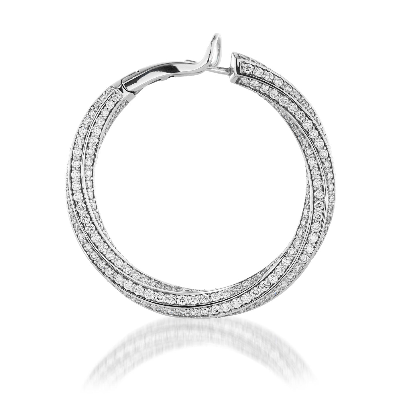 A luxurious pair of Raffi&Co.® 18K White Gold Diamond Hoop Earrings, featuring intricate rows of small, sparkling pavé diamonds, reflect light gracefully against a plain white background, creating a mesmerizing shimmering effect.