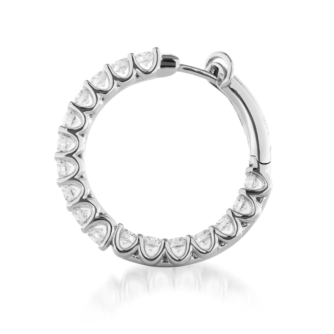 The Raffi&Co.® 18K White Gold Diamond Hoop Earrings are crafted in white gold and embellished with small, clear, heart-shaped diamonds encircling the entire hoop. These earrings feature a convenient hinged closure at the top for easy wear, and their elegant design provides brilliance and glamour by beautifully reflecting light off their shiny surface.