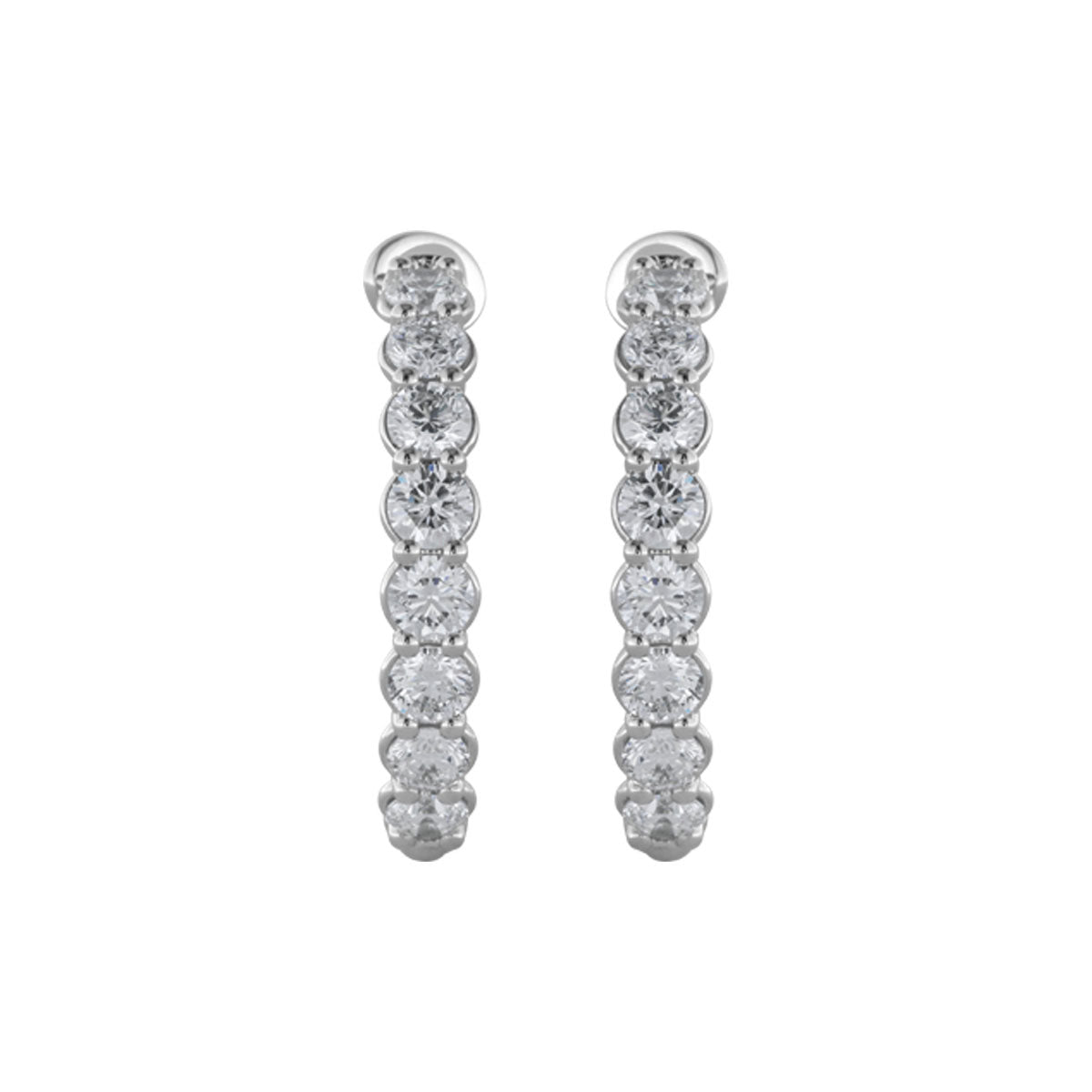 Raffi&Co.® 14K White Gold Diamond Hoop Earrings showcase a vertical row of round brilliant diamonds arranged symmetrically. These earrings embody a simple and elegant design, exuding timeless elegance against a plain white background.