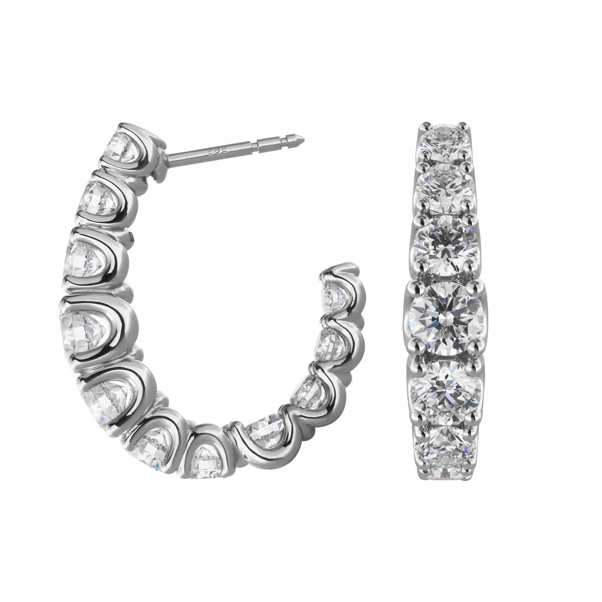 A pair of Raffi&Co.® 14K White Gold Diamond Hoop Earrings, showcasing a row of round brilliant diamonds elegantly set along their outer edges, against a plain white background.