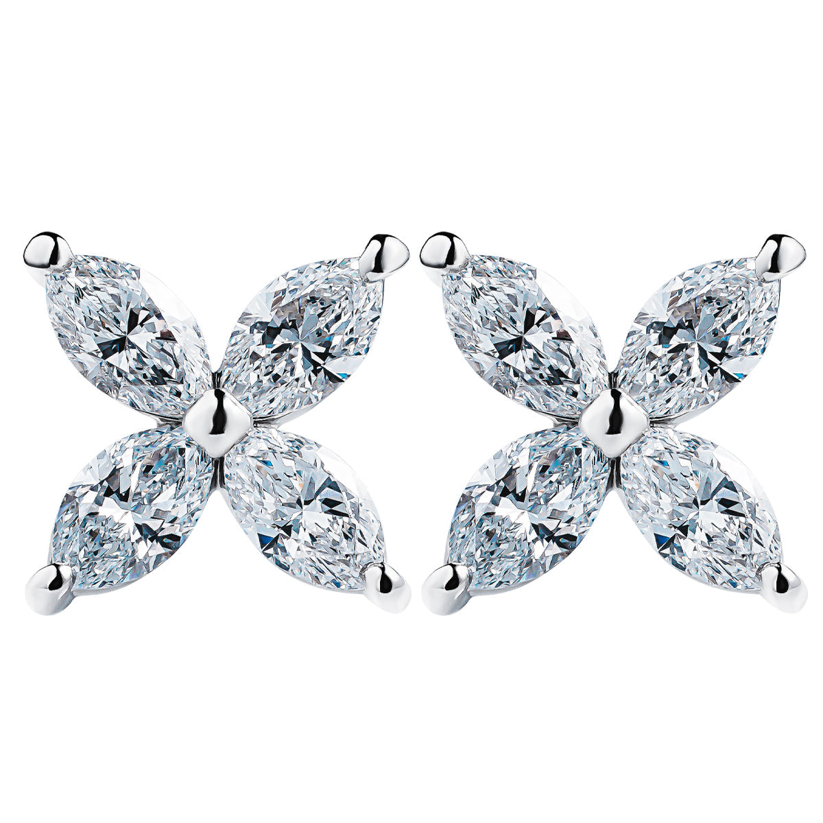 The Raffi&Co.® 14K White Gold Marquise Lab Diamond Stud Earrings are designed as four-petal flowers, each featuring four marquise-cut diamonds set in silver prongs, creating a symmetrical floral pattern with clear and bright brilliance.