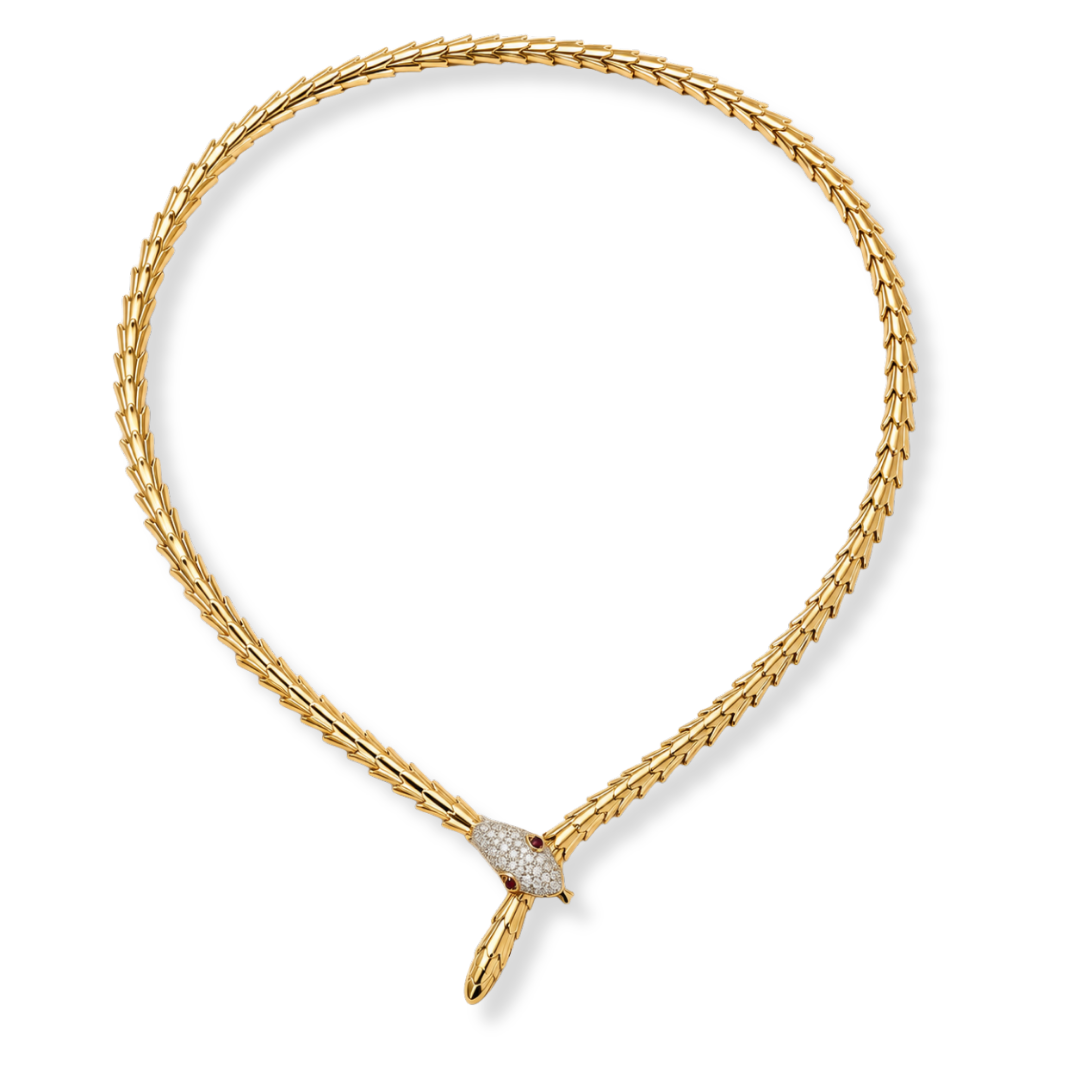 Introducing the Raffi&Co.® 18K Yellow Gold Diamond Serpent Necklace: a striking gold necklace by Raffi&Co, beautifully crafted in a snake shape with a textured, scale-inspired pattern and a head adorned with sparkling round-cut diamond accents totaling 0.41 CTW. This elegant piece gracefully forms a loop at the front and is showcased against a plain white background.