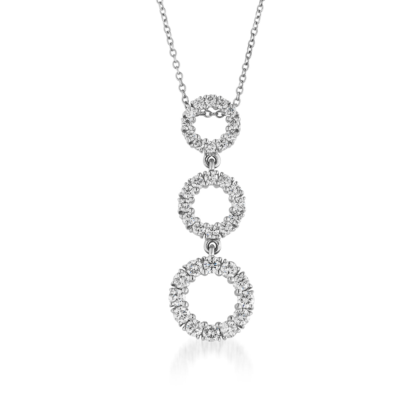 This elegant accessory, the Raffi&Co.® 18K White Gold Diamond Fashion Pendant Necklace, features a pendant with three interconnected rings encrusted with diamonds that gracefully taper in size. Suspended from a delicate chain, the dazzling stones enhance its sophisticated design.