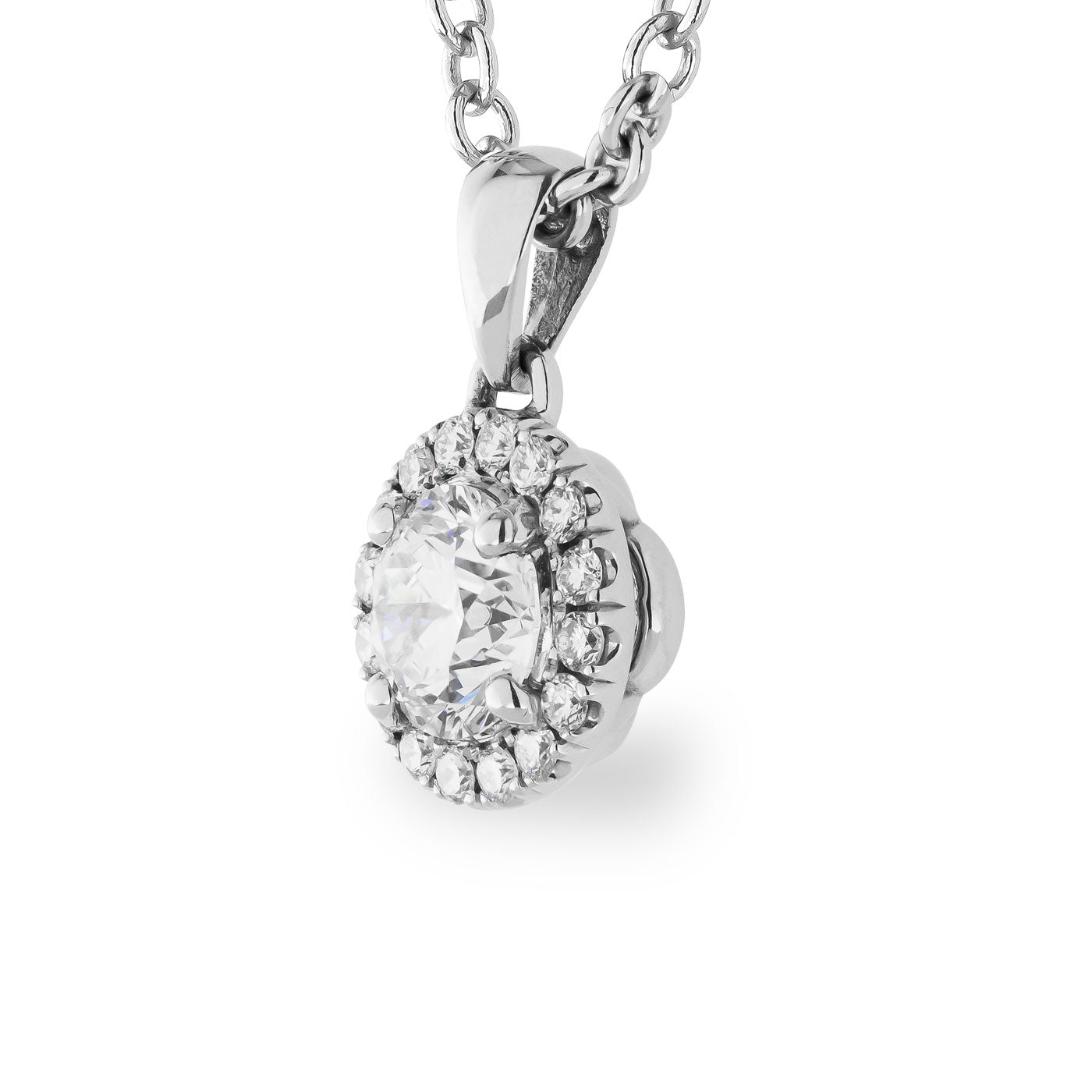 A close-up of the Raffi&Co.® 14K White Gold Diamond Pendant Necklace highlights a prominent center diamond, elegantly surrounded by smaller, sparkling diamonds. The pendant gracefully hangs from a silver chain and is set against a pristine white background.