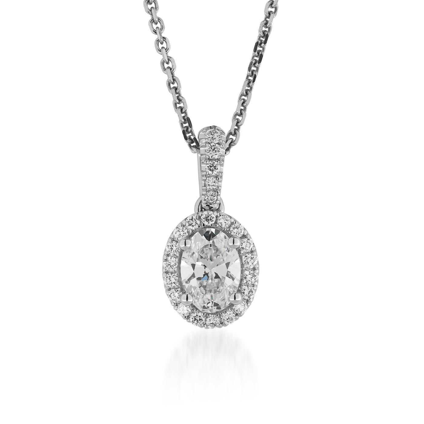 The Raffi&Co.® 14K White Gold Round Brilliant Diamond Pendant Necklace features a round diamond in a dazzling halo design, surrounded by smaller diamonds on a white gold chain, embodying elegance and fine craftsmanship.