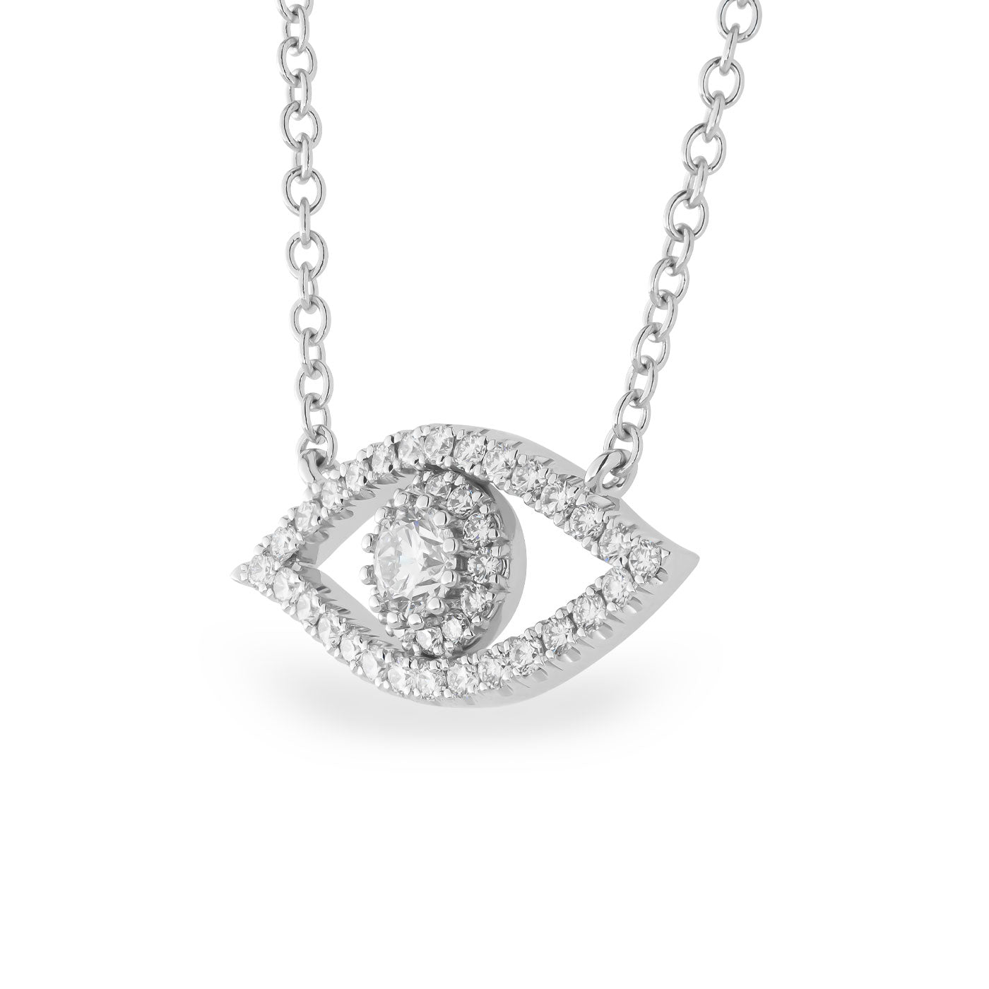 Introducing the Raffi&Co.® 14K White Gold Diamond Evil Eye Pendant Necklace, featuring a striking silver eye-shaped pendant adorned with a central teardrop-shaped diamond surrounded by smaller diamonds on a sleek chain. This design from Raffi&Co exudes an elegant and sparkling effect.