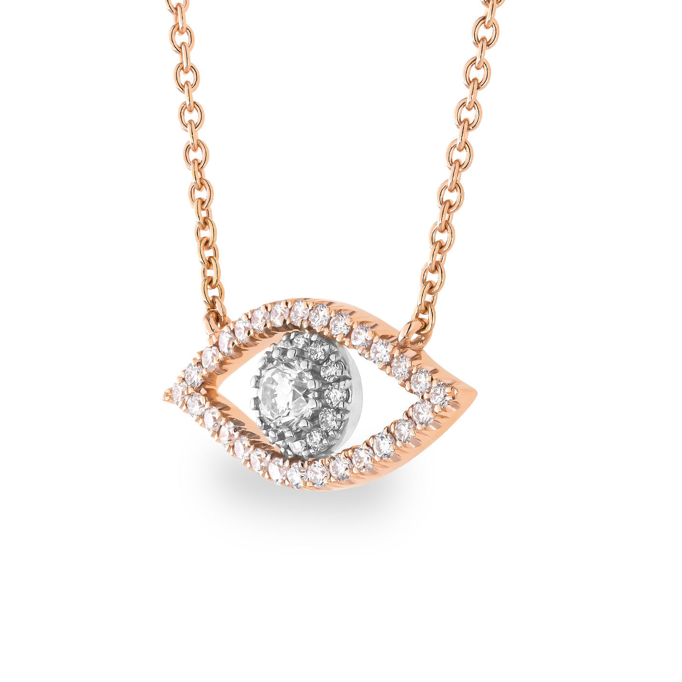 The Raffi&Co® 14K Rose Gold Diamond Evil Eye Necklace Pendant features a stunning design with a pendant in the shape of a diamond evil eye. The outline dazzles with small diamonds, and a larger round diamond is elegantly set at its center.